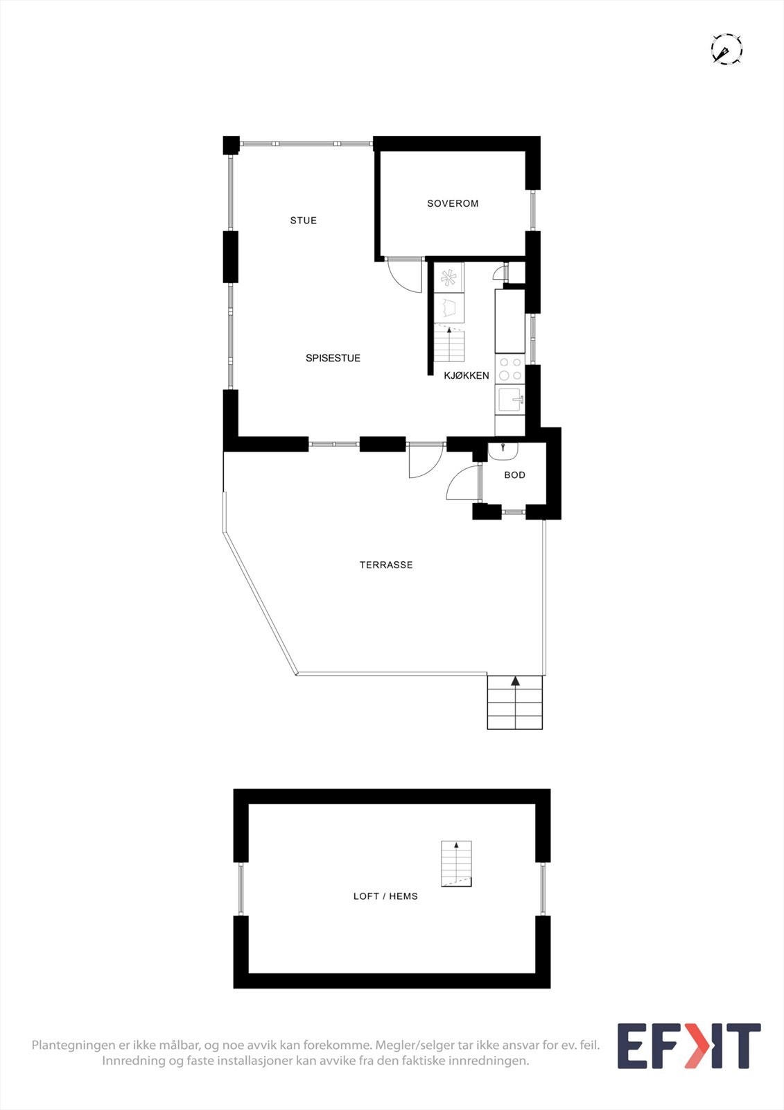 Plantegning - Hytta er på ett plan, men har i tillegg et innredet loft/ en hems Galleribilde