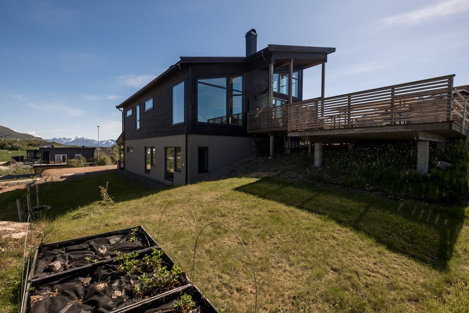 Pent opparbeidet tomt med plen og annen beplantning. Galleribilde