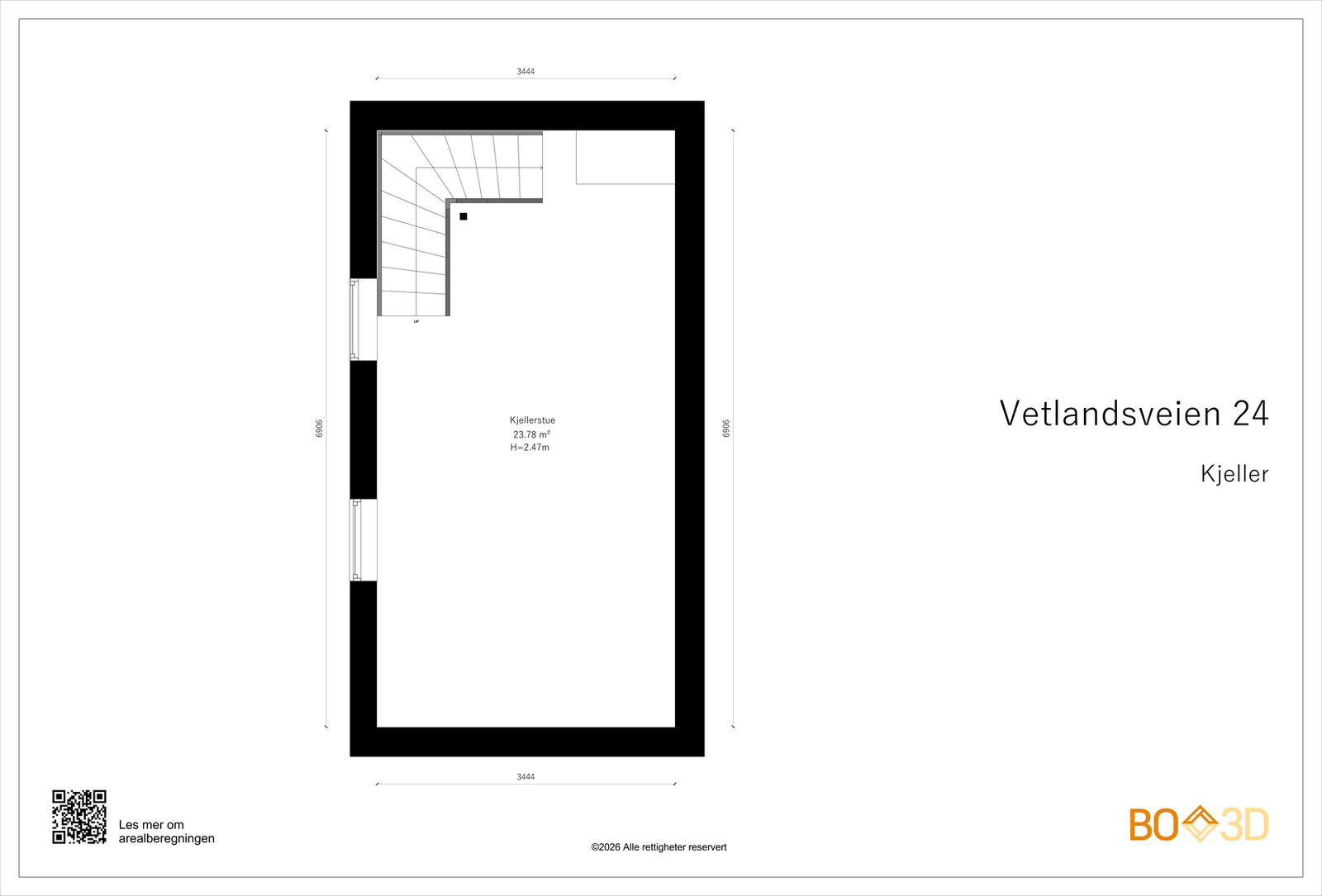 Plantegning av kjellerstuen. Øvrig fellesareal som boder og vaskerom er ikke tegnet opp. Galleribilde