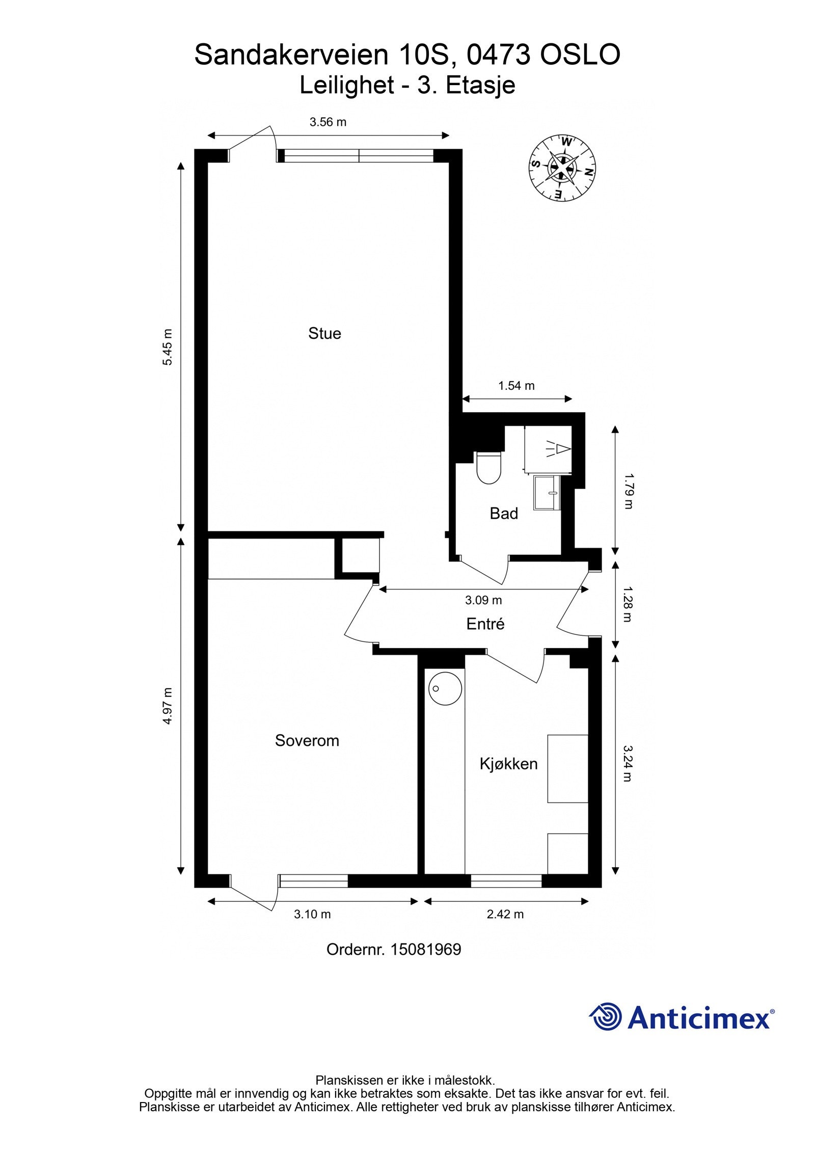 Plantegning. Leiligheten disponerer i tillegg en kjellerbod og en loftsbod. Galleribilde