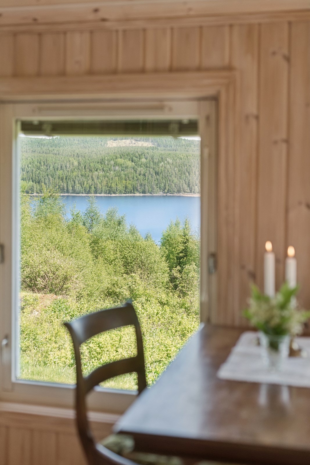De store vinduene bringer natuern inn i stua. Her finnes det ikke innsyn fra andre boliger så gardiner er overfødige. Galleribilde