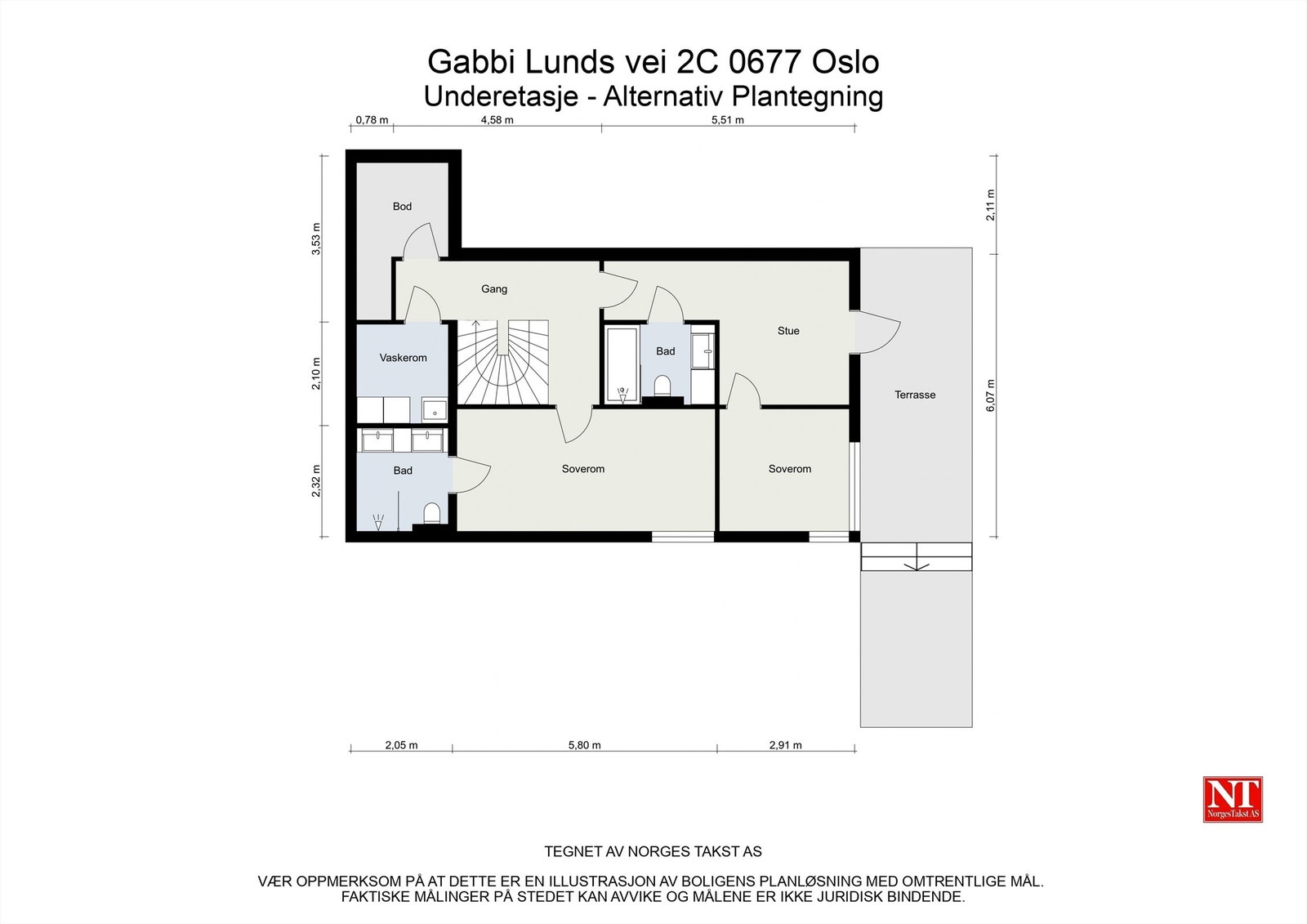 Alternativ planløsning av underetasjen med et ekstra soverom. Galleribilde