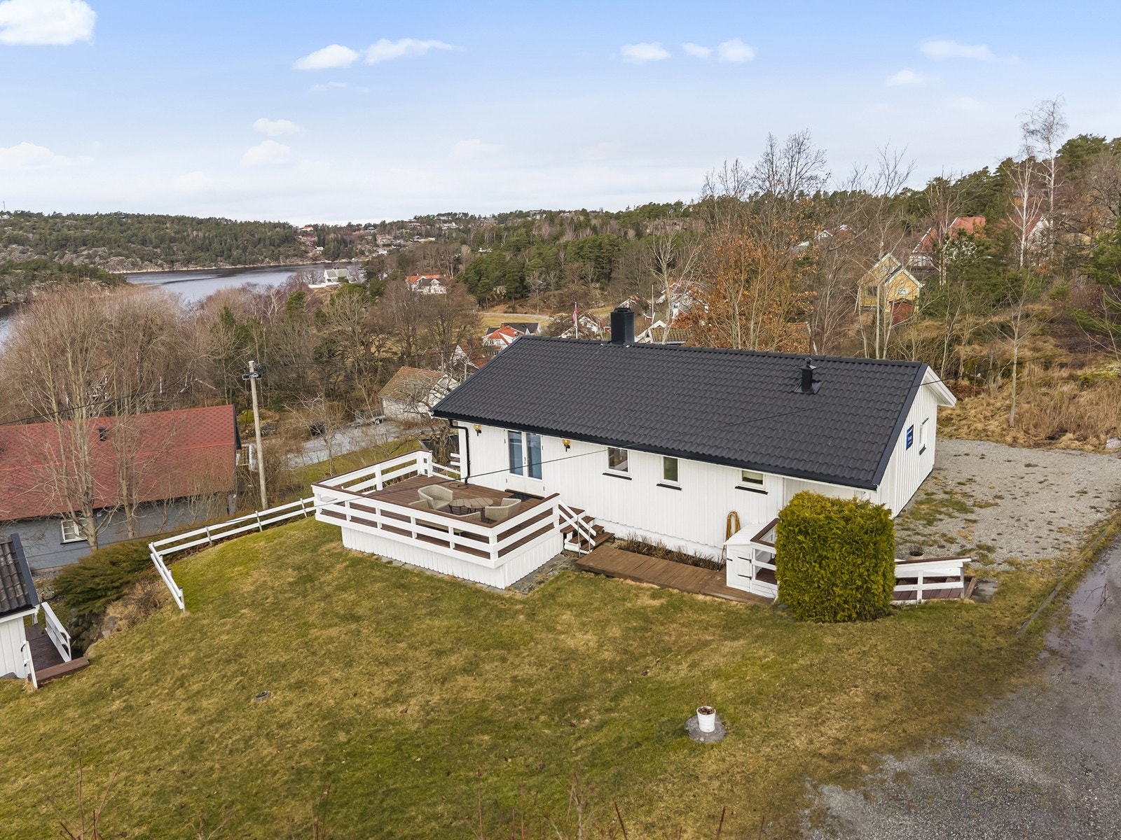 Her går man rett ned til sjøen, det er parkering på egen tomt og offentlig v/a. Galleribilde
