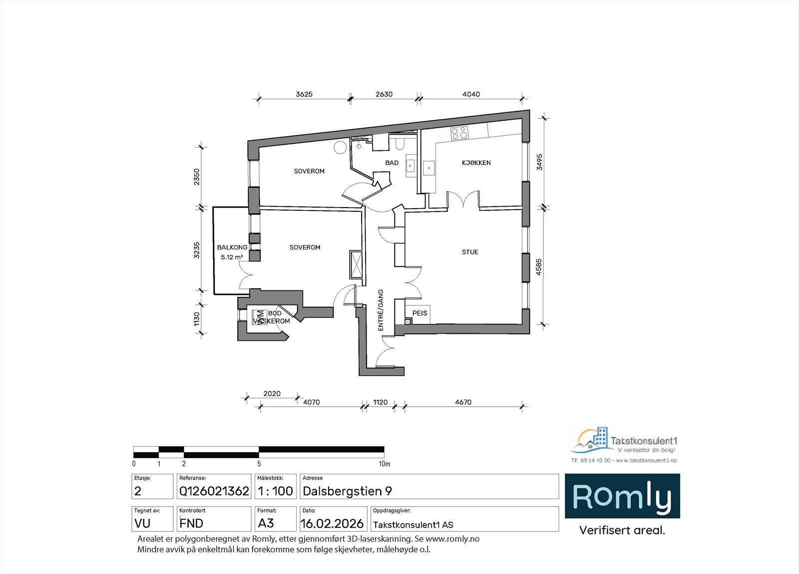 Plantegning. Leiligheten disponerer en bod på 2,97 m² i trappeoppgang med opplegg for vaskemaskin, en loftsbod på 3 m² og en kjellerbod med gulvareal på ca. 8 m². Galleribilde