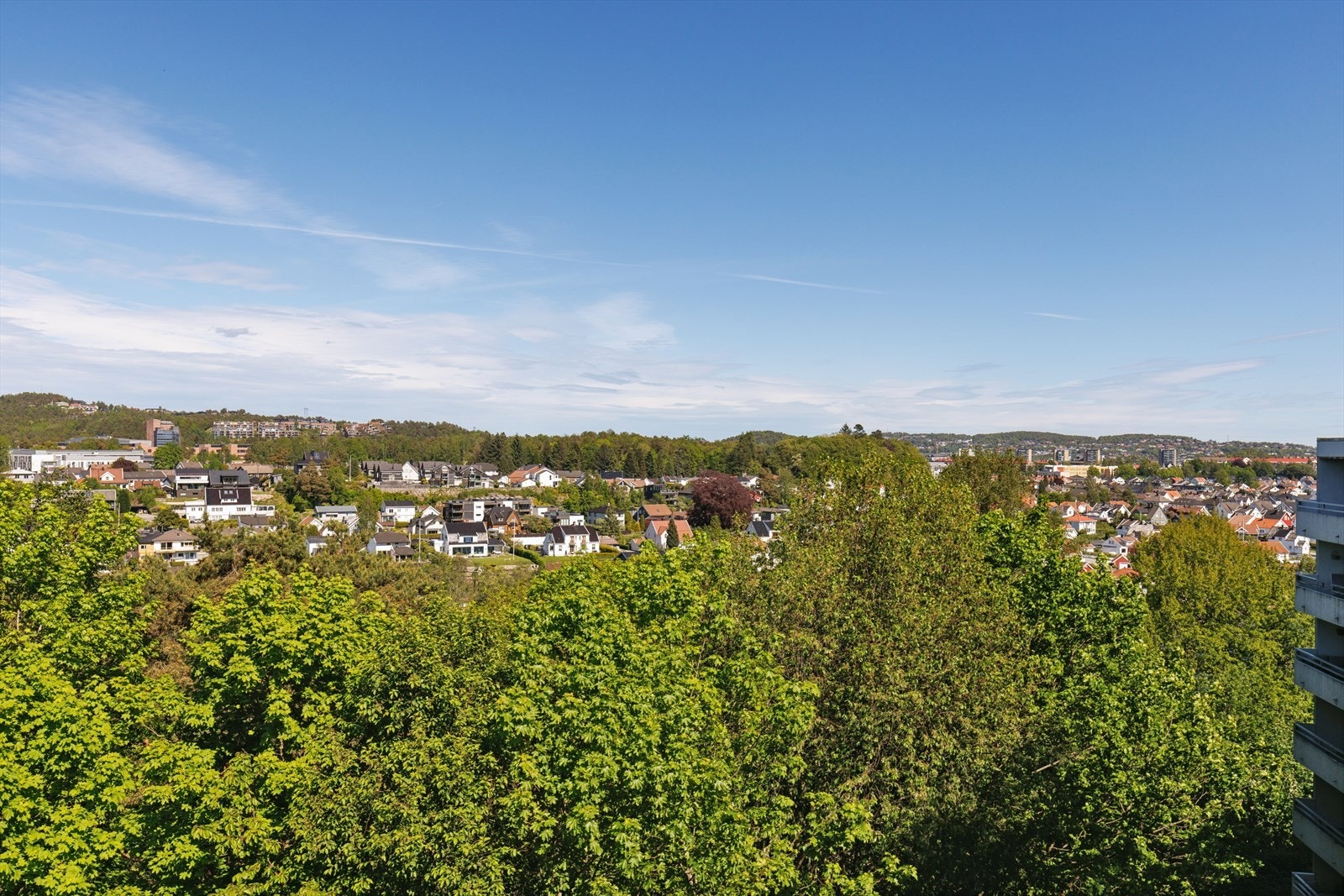 Utsikt over et etablert og grønt boligområde. Galleribilde