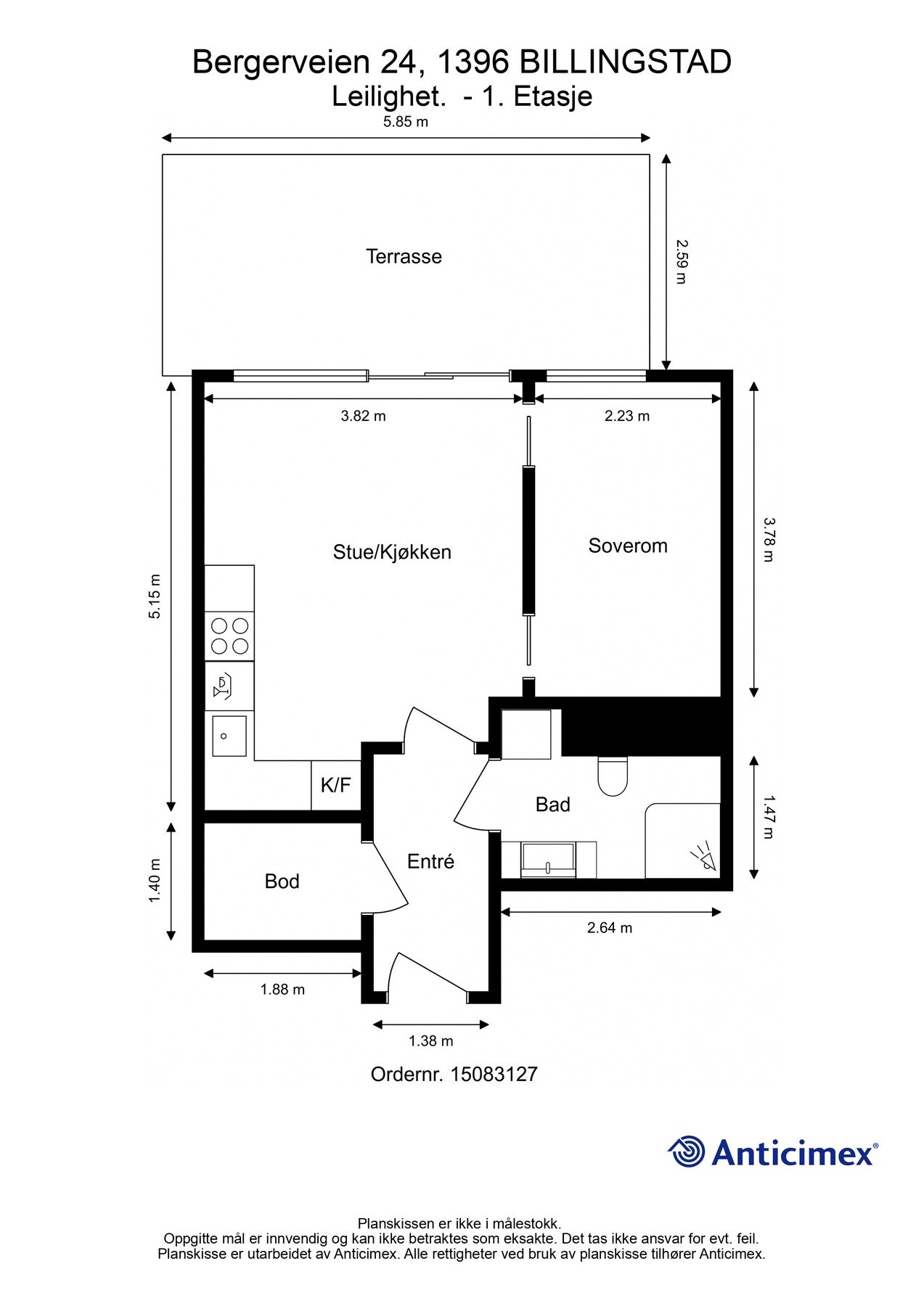 Plantegning 1. etasje. I tillegg disponerer leiligheten en kjellerbod på 4m². Galleribilde
