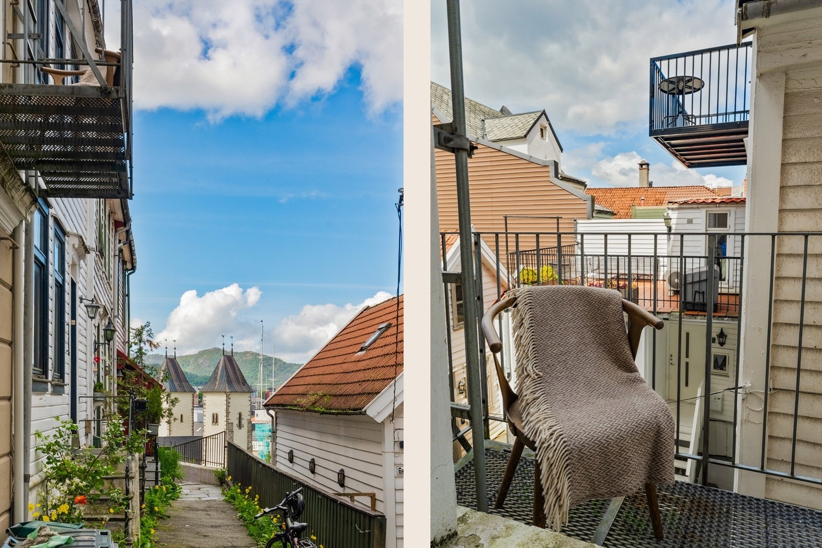 Herfra er det flott utsyn ned mot sjøen og mot Mariakirken. Branntrappen er ikke å anse som balkong eller godkjent uteoppholdsareal. Galleribilde