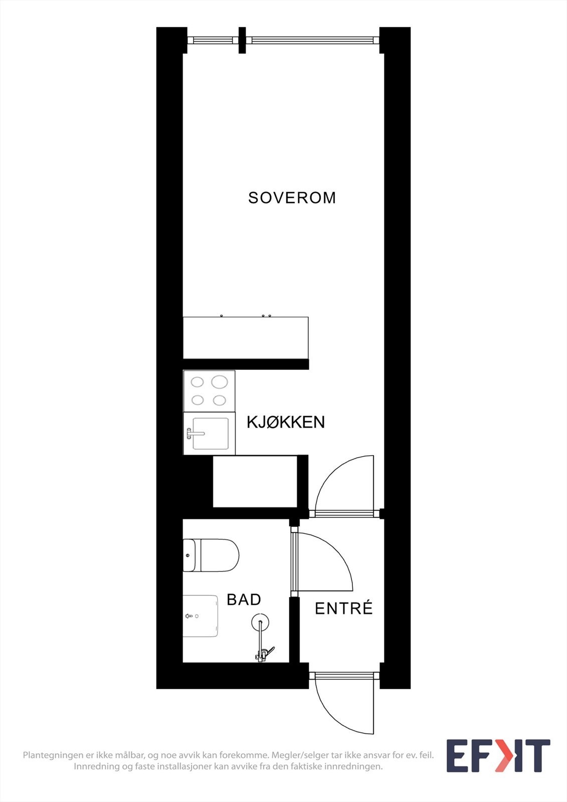 Leiligheten har en arealeffektiv planløsning med entré, bad, og en kombinert kjøkken- og soveromsdel. Galleribilde