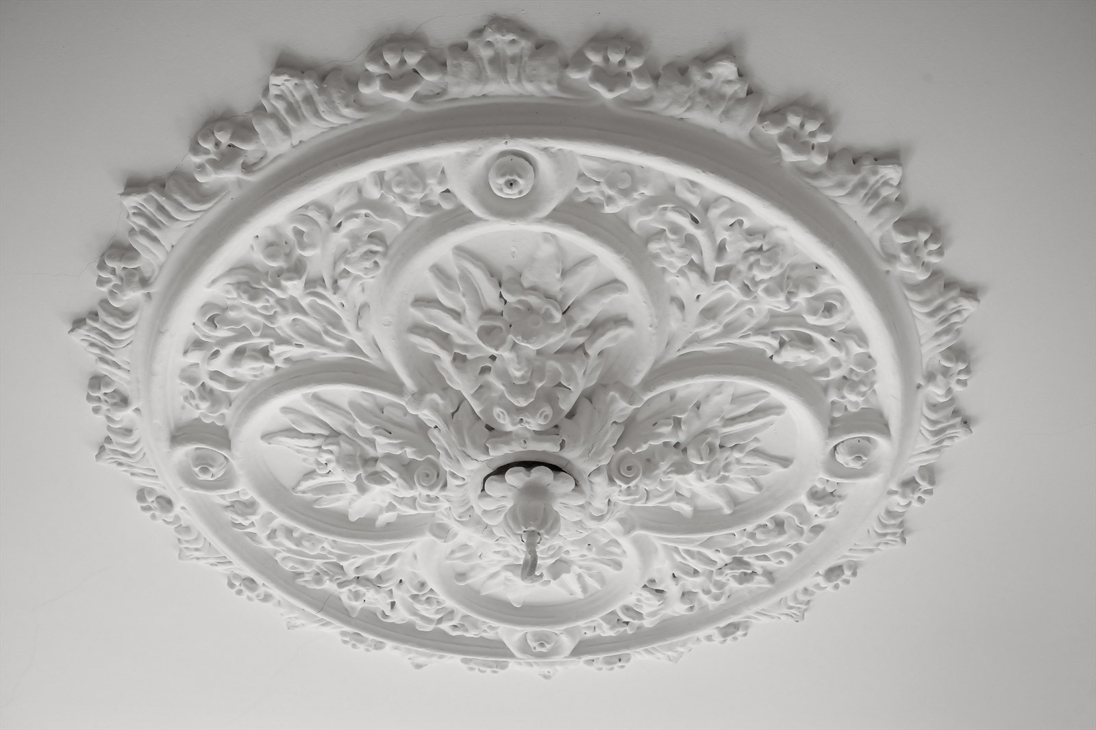 Klassiske detaljer som stukkatur og en velbevart takrosett gir rommet karakter og særpreg. Galleribilde