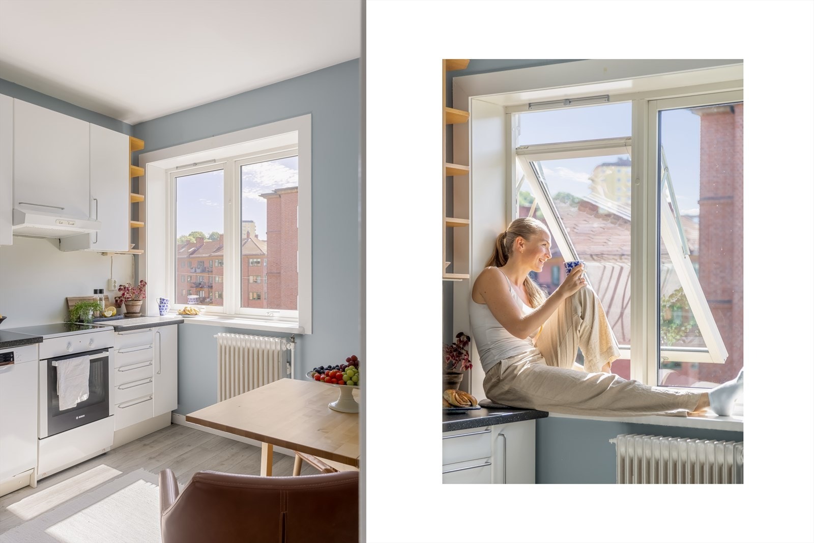 Et av selgers favorittsteder i leiligheten er kjøkkenhjørnet, hvor hun gjerne sitter i vinduskarmen og nyter morgenkaffen sin og utsikten. Galleribilde