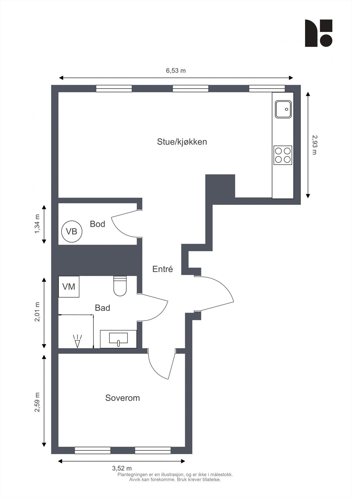 Leiligheten har en arealeffektiv planløsning med åpen stue- og kjøkkenløsning, separat soverom og en praktisk intern bod. Galleribilde