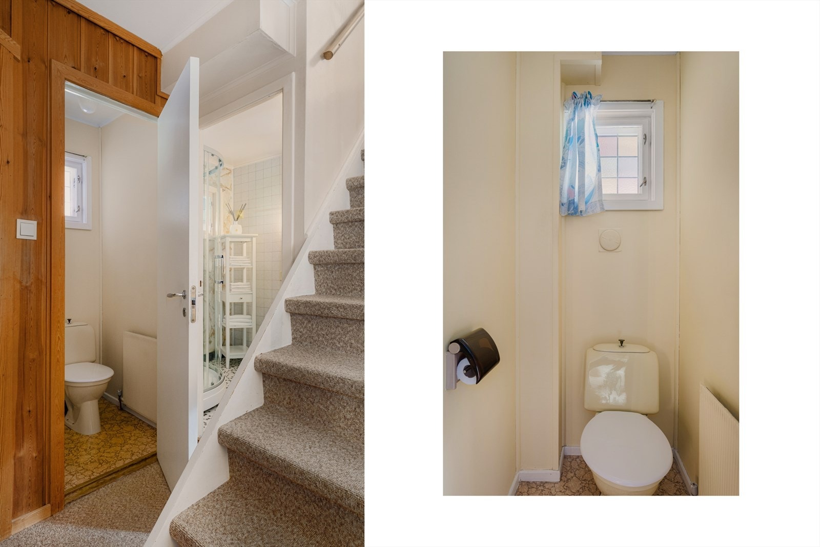 Toalettrom vegg i vegg med badet. Rommet har belegg på gulv og malte flater på vegger. Galleribilde
