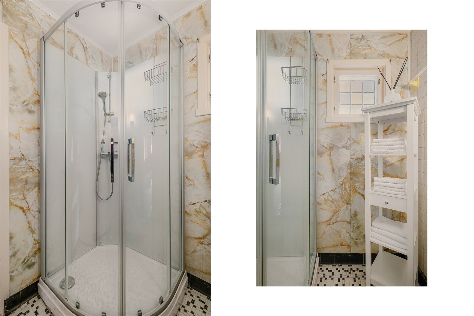 Badet er utstyrt med dusjkabinett og servant. Galleribilde