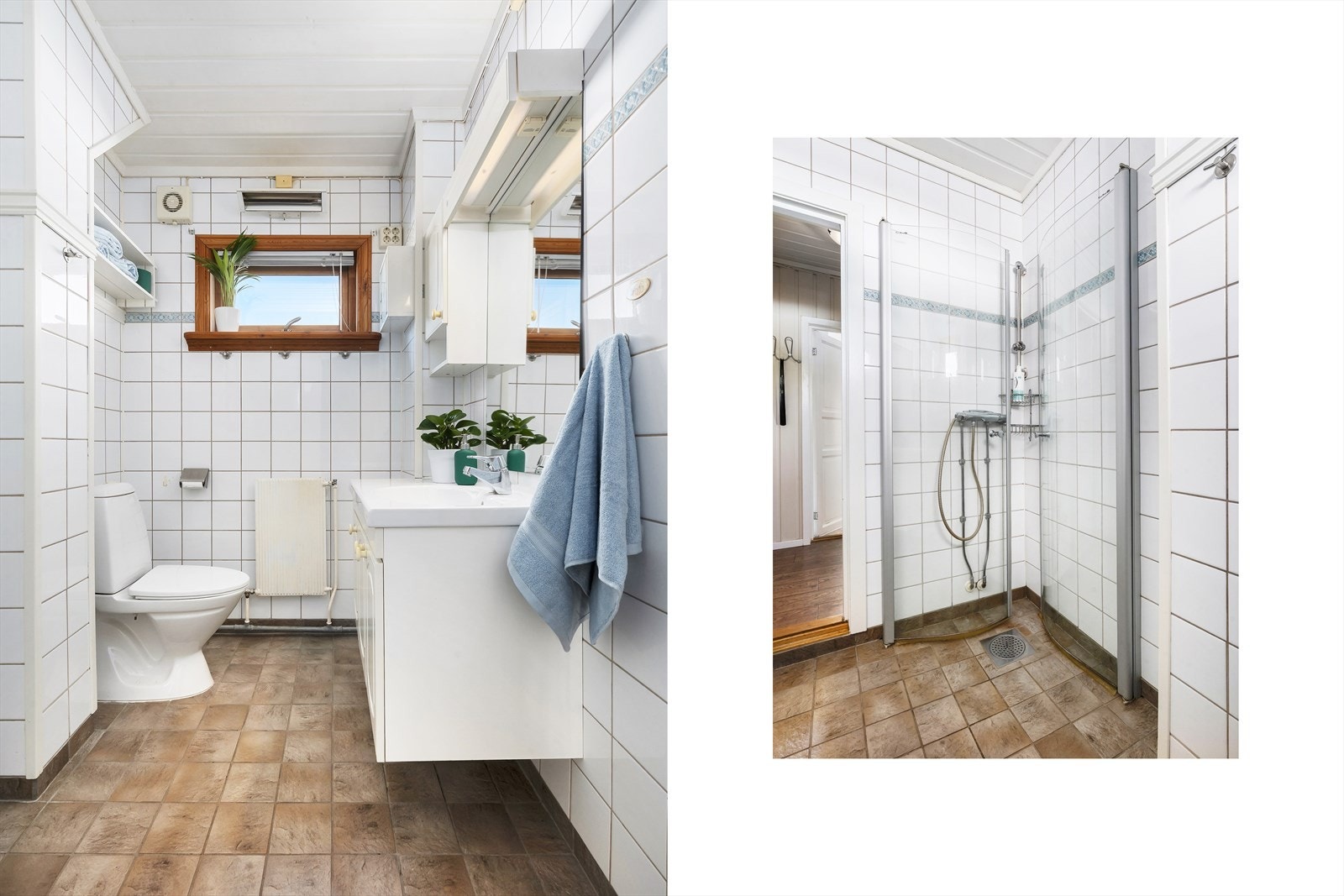 Badet er funksjonelt innredet med både dusj, toalett og servant. Galleribilde