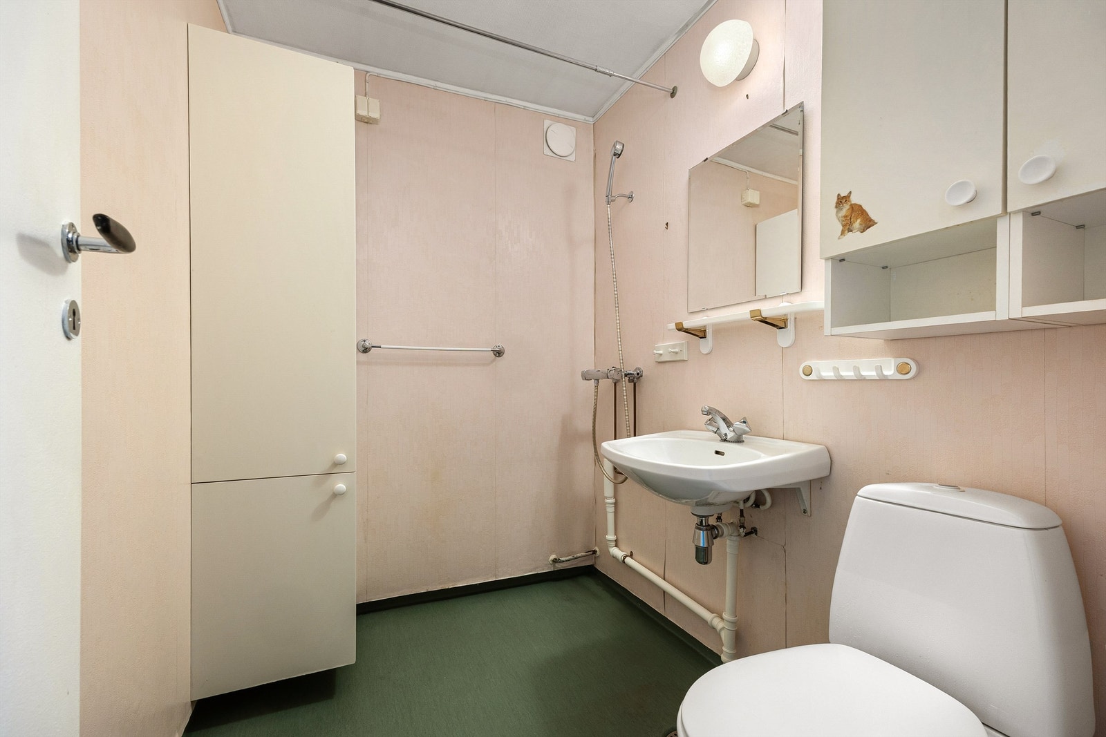 Bad med servant med speil og belysning, overskap, dusj, gulvstående toalett - renovering må påregnes Galleribilde