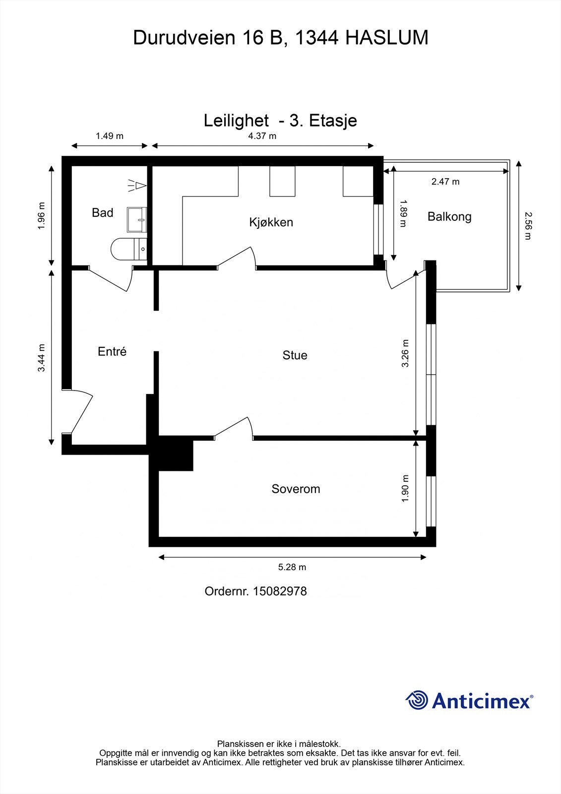 Målsatt planskisse - Durudveien 16 B - 3. etasje Galleribilde