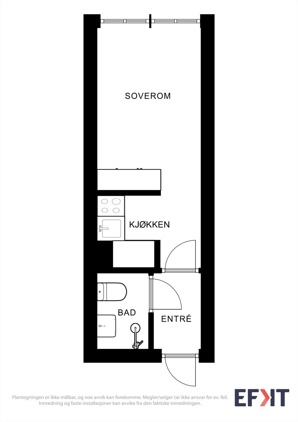 Planløsningen fordeler seg over entré, bad, og en åpen sone for kjøkken og stue/soverom. Galleribilde