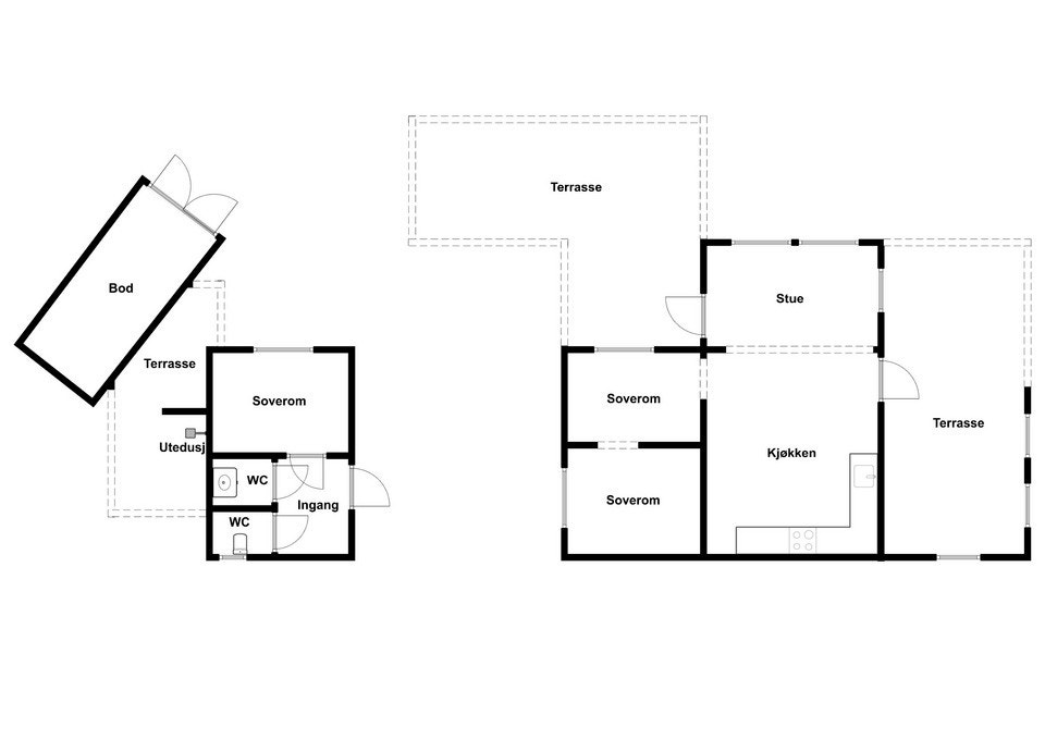 Romplanen viser en praktisk fordeling med separate soverom og bad, samt en romslig stue med tilknytning til kjøkken og terrasse. Galleribilde