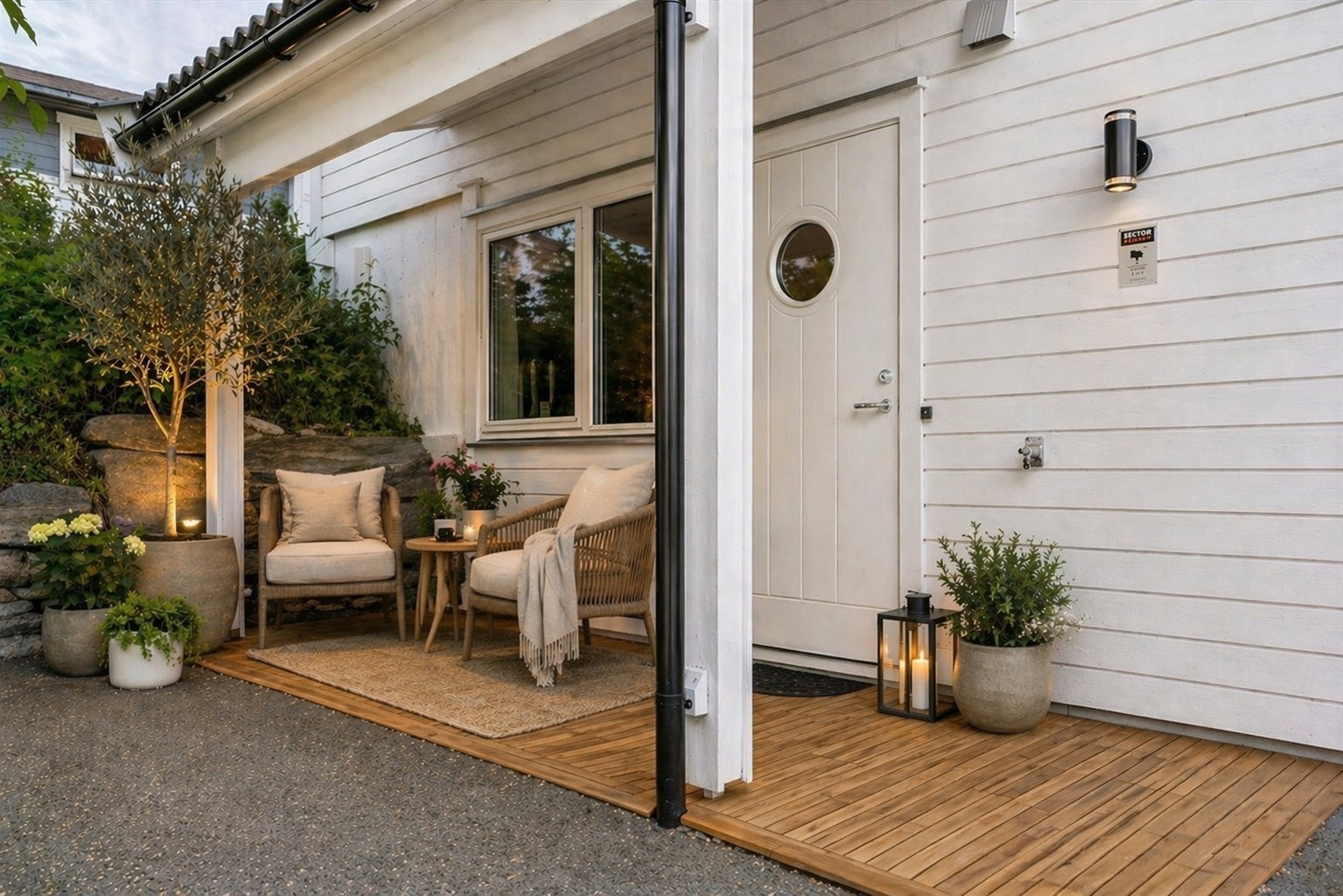 Bilete er AI-redigert med møblar. hyggelig inngangsparti med overbygg og muligheter for ei lun sitjeplass. Galleribilde