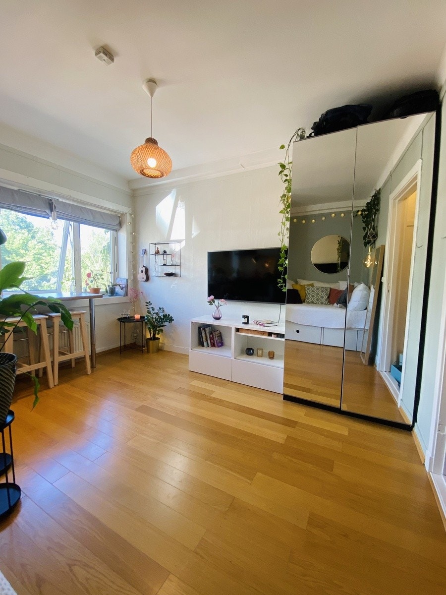 Romslig oppholdsrom med store vinduer, klesskap, vegghengt TV og tilhørende TV-benk. Plass mellom vindu og TV perfekt for et lite skrivebord, kafebord eller ekstra møbel. Galleribilde