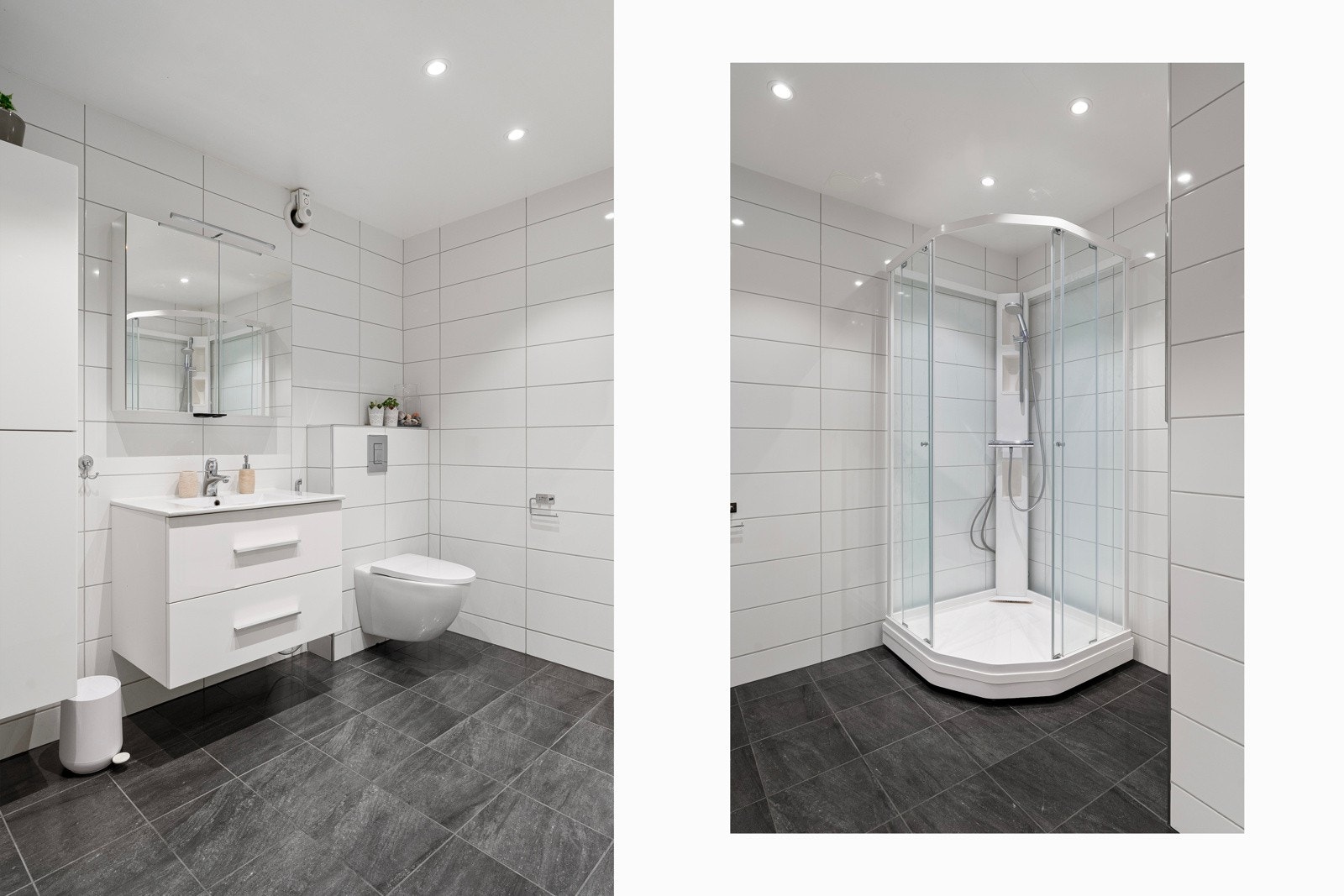 Bad/wc i sokkeletasje (nytt 2016) med gulvvarme, baderomsinnredning, speilskap og dusjkabinett. Galleribilde