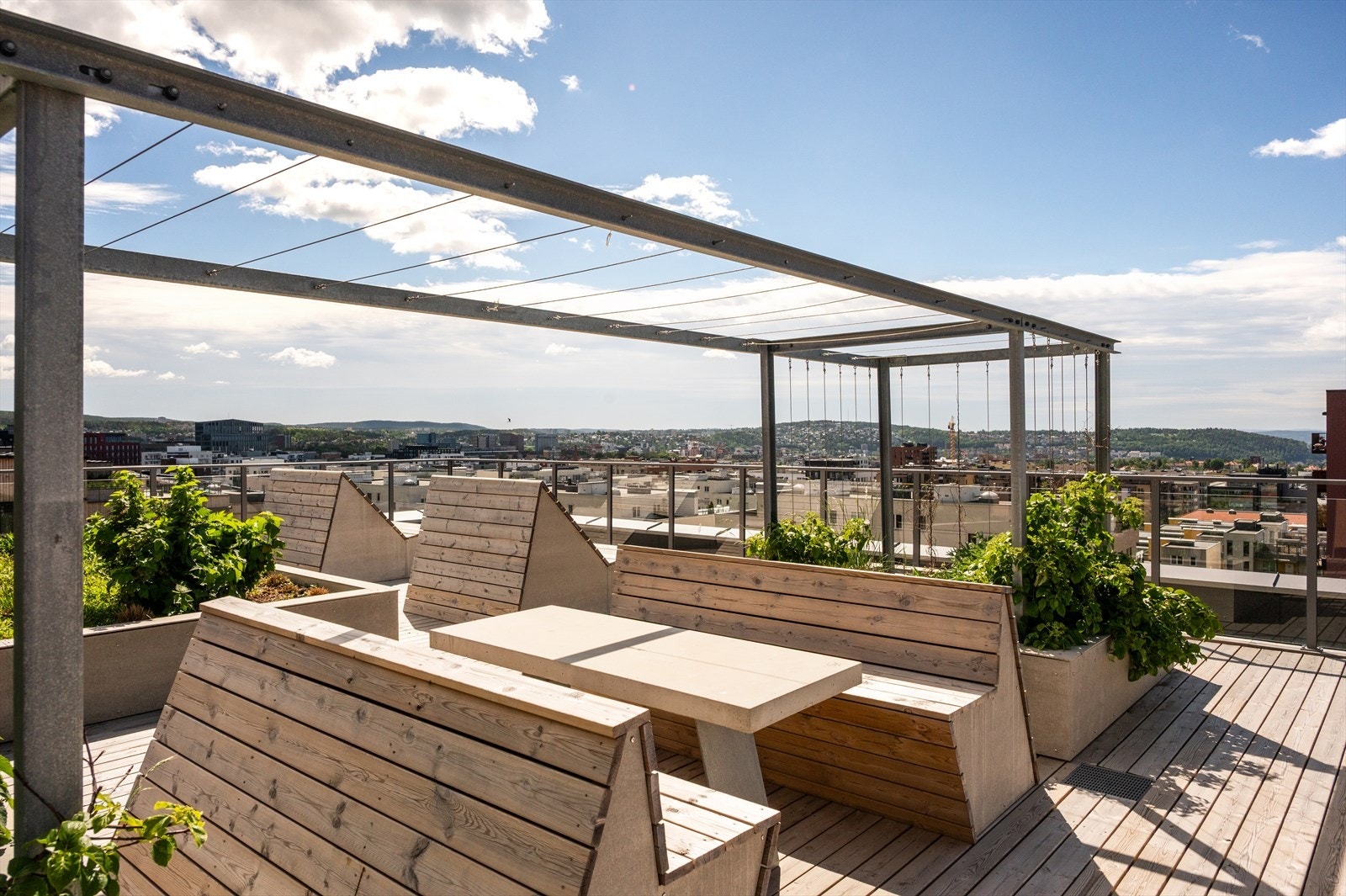 Den felles takterrassen er innredet med pergola og benker - en rolig oase med utsikt over byen og fjorden. Galleribilde