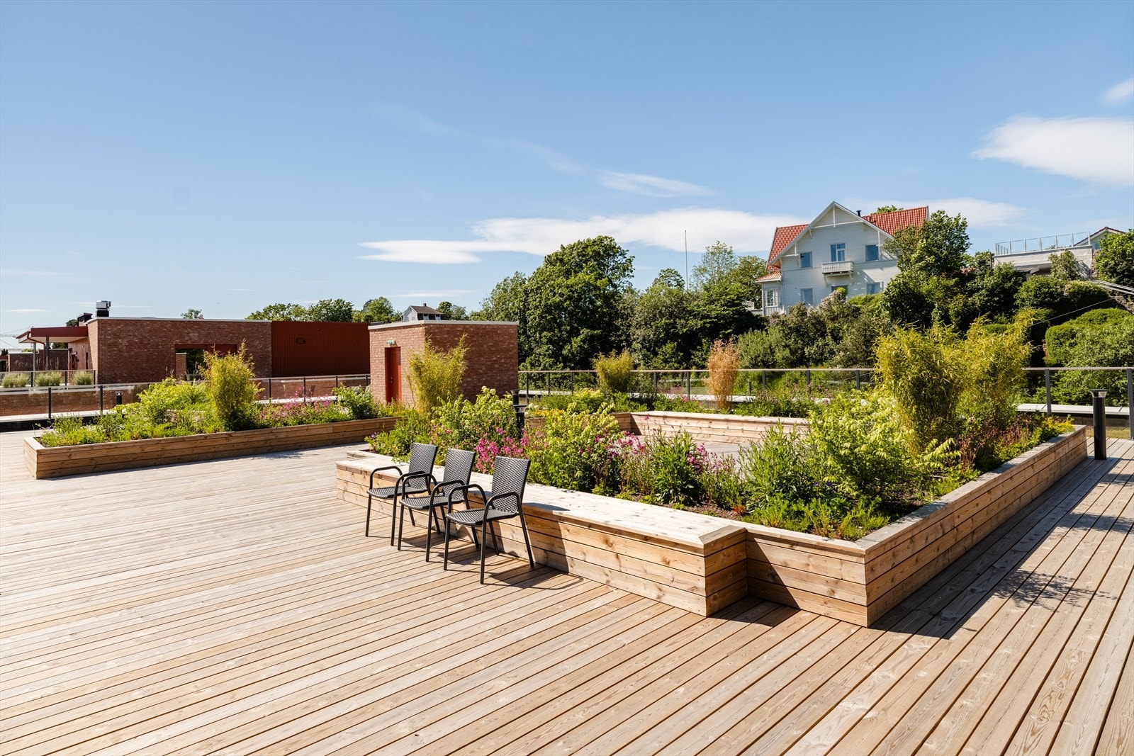 Takterrassen er pent opparbeidet med beplantning og har god plass til flere sittegrupper. Galleribilde