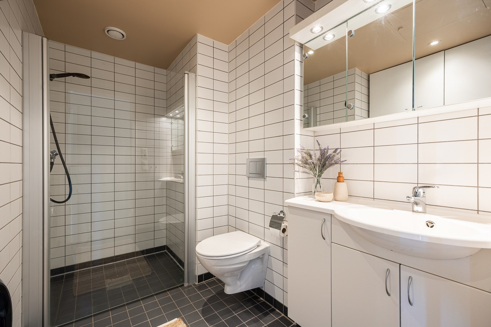 Badet har vegghengt toalett, speilskap og gode oppbevaringsmuligheter Galleribilde