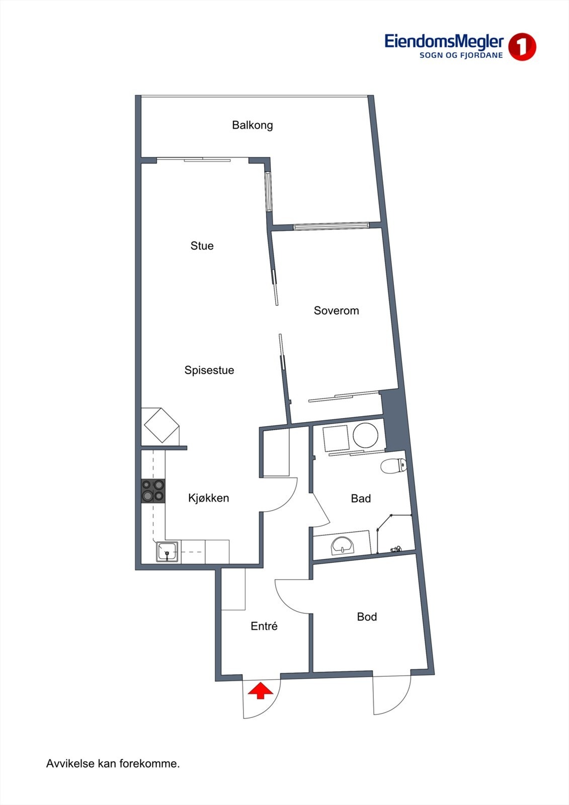 Leilegheita har ei arealeffektiv planløysing på eitt plan, med open stove- og kjøkkenløysing, eitt soverom og bod av god storleik Galleribilde