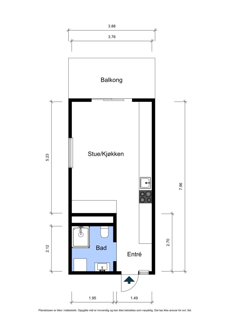 En arealeffektiv planløsning med åpen stue- og kjøkkenløsning, og direkte utgang til balkongen. Galleribilde