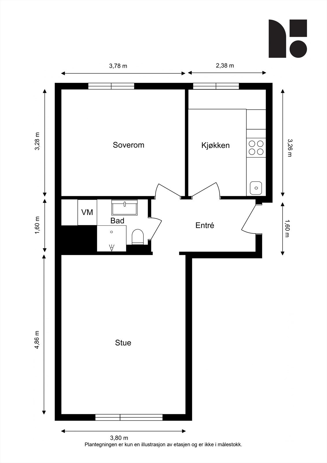 Plantegning. I tilegg disponerer leiligheten en kjellerbod på ca. 4 kvm og loftsbod på ca. 3 kvm. Galleribilde