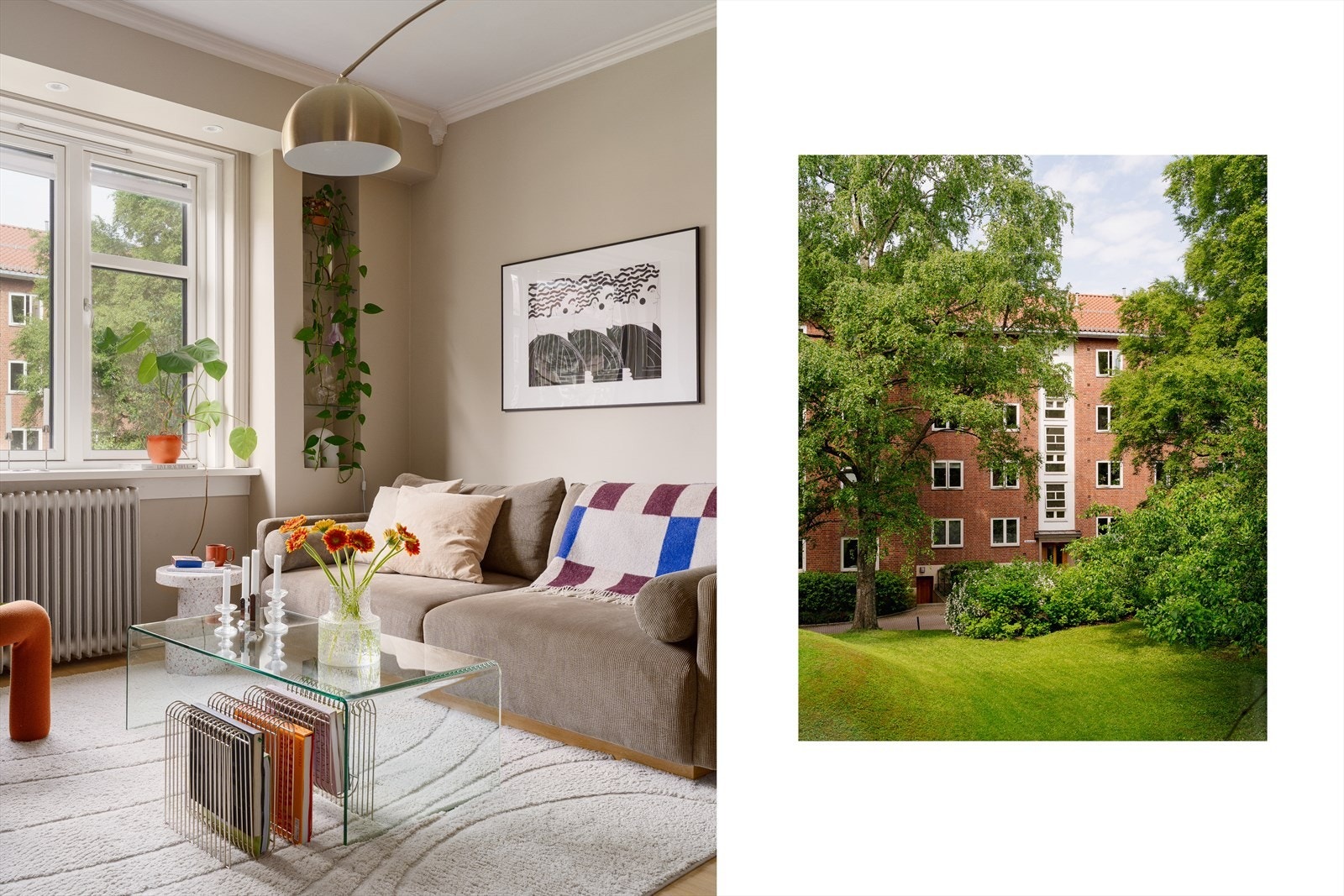 Fra stuen har du et grønt og frodig utsyn mot aksjelagets fellesområder. Her inviteres omgivelsene inn i rommet. Galleribilde