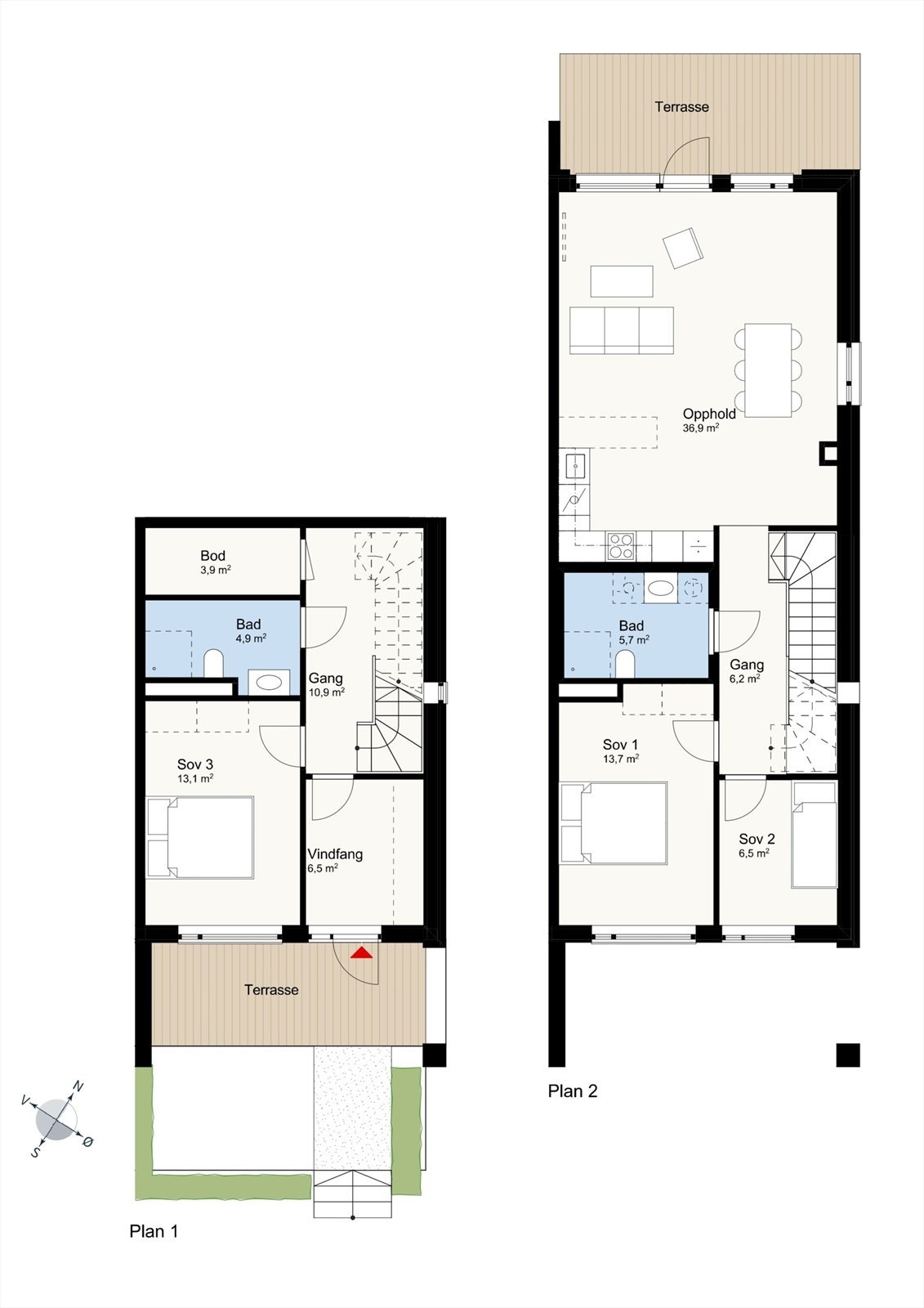 Plantegning - God planløsning med 3 soverom av god størrelse, 2 baderom, innvendig bod og romslig stue/kjøkken. Galleribilde