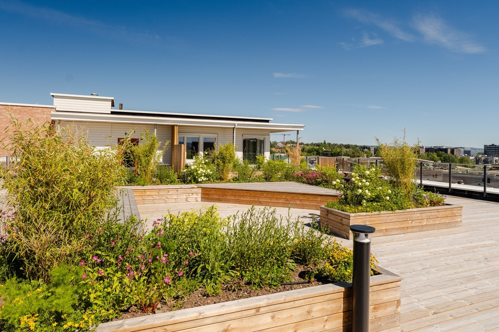 Takterrassen er pent opparbeidet med beplantning og har god plass til flere sittegrupper. Galleribilde