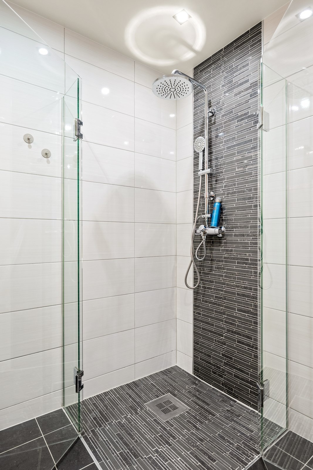 Badet utstyrt med vegghengt toalett, dusjhjørne med innfellbare glassdører, samt mekanisk avtrekk. Galleribilde