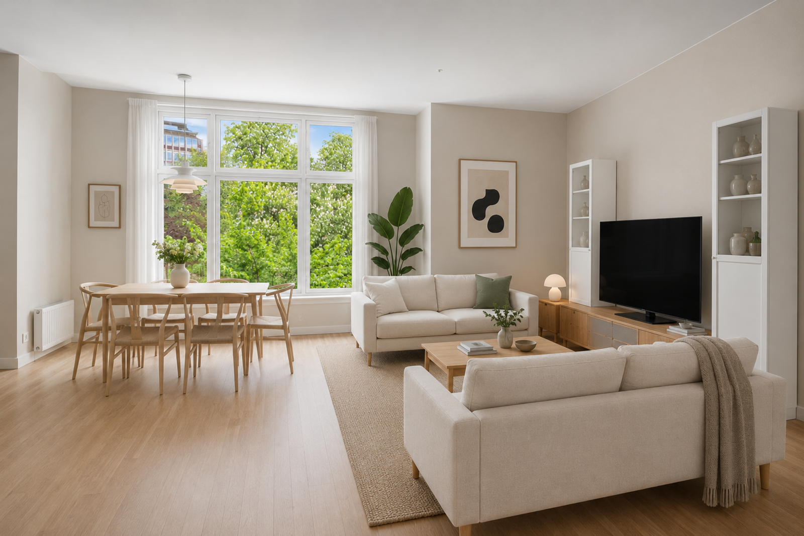 De store vindusflatene gir rikelig med naturlig lys inn i boligen, samtidig som man får god kontakt med de grønne omgivelsene. (Digital styling med alternativ møblering). Galleribilde