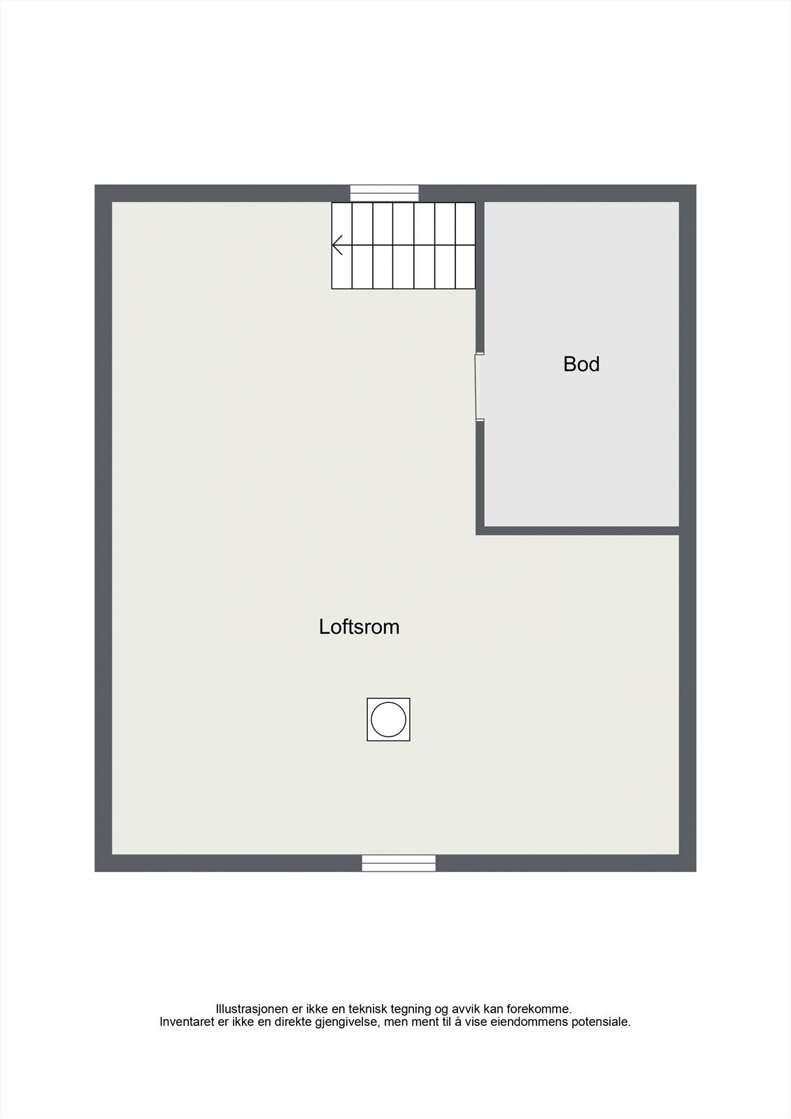 Loftsetasjen består av et kaldt lagringsloft med god plass til oppbevaring. Galleribilde