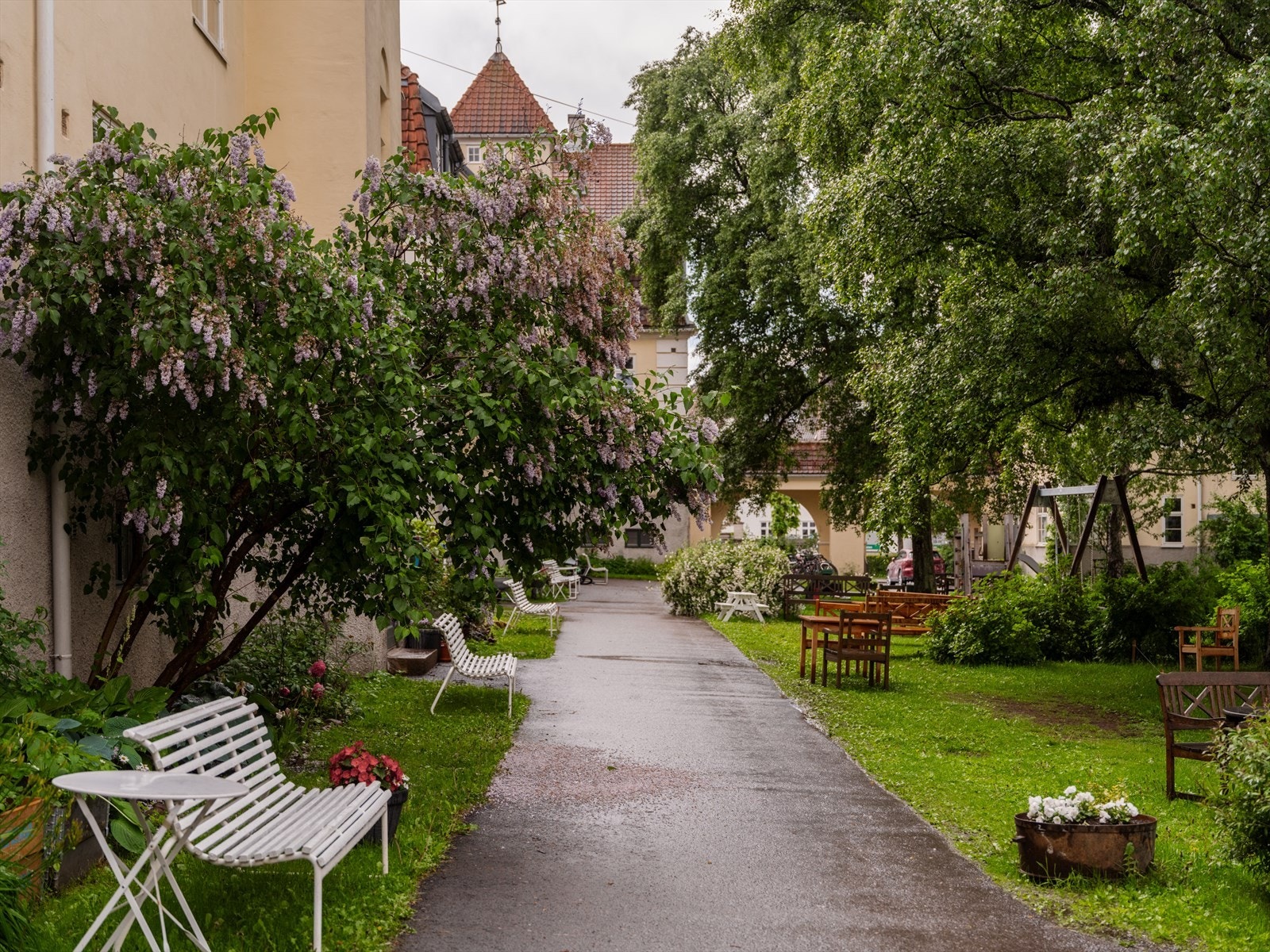 Gangstier gjennom de grønne fellesområdene binder bygningene sammen. Galleribilde