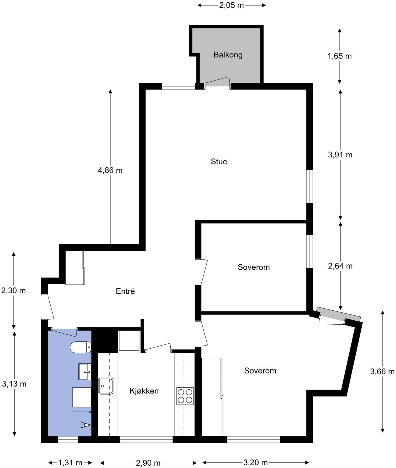 Plantegning fra takstmann. Leiligheten inneholder entré, stue, kjøkken, to soverom og bad. Loft- og kjellerbod for lagring. Galleribilde