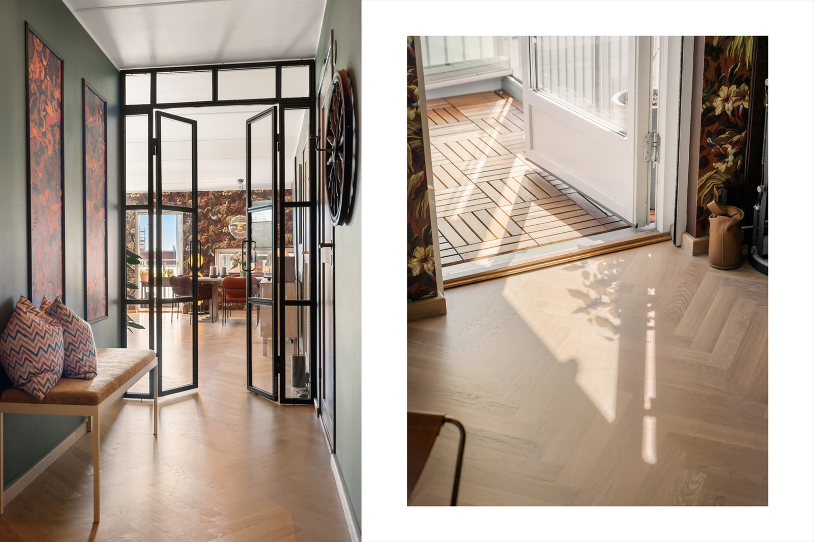I overgang mellom gang og stue er det montert doble, franske smijernsdører med glass fra Metallform. Galleribilde