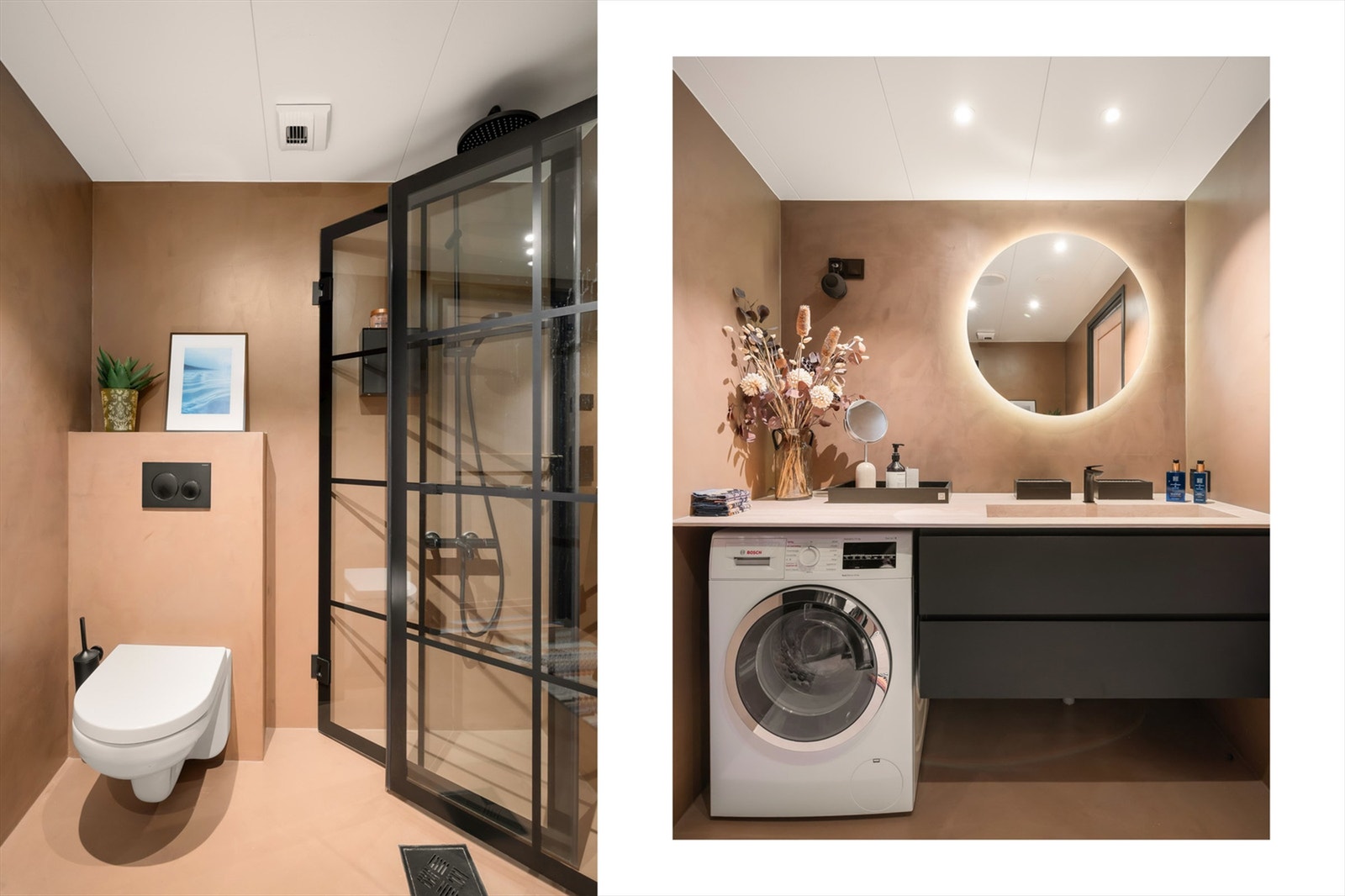 Rålekkert baderom pusset opp i 2021 av Zenzorama. Det er gulvvarme, downlights og opplegg for vaskemaskin. Galleribilde