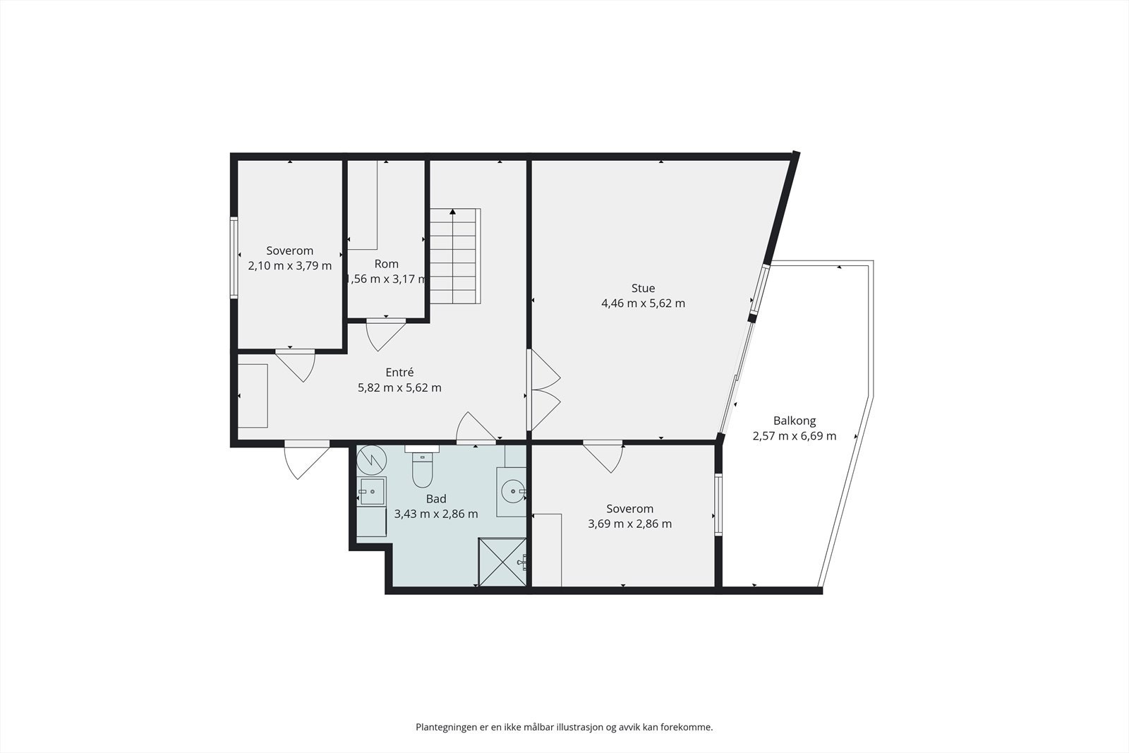 Planløsningen for 2. etasje omfatter entré/hall, stue, to soverom, bad og en innvendig bod. Galleribilde