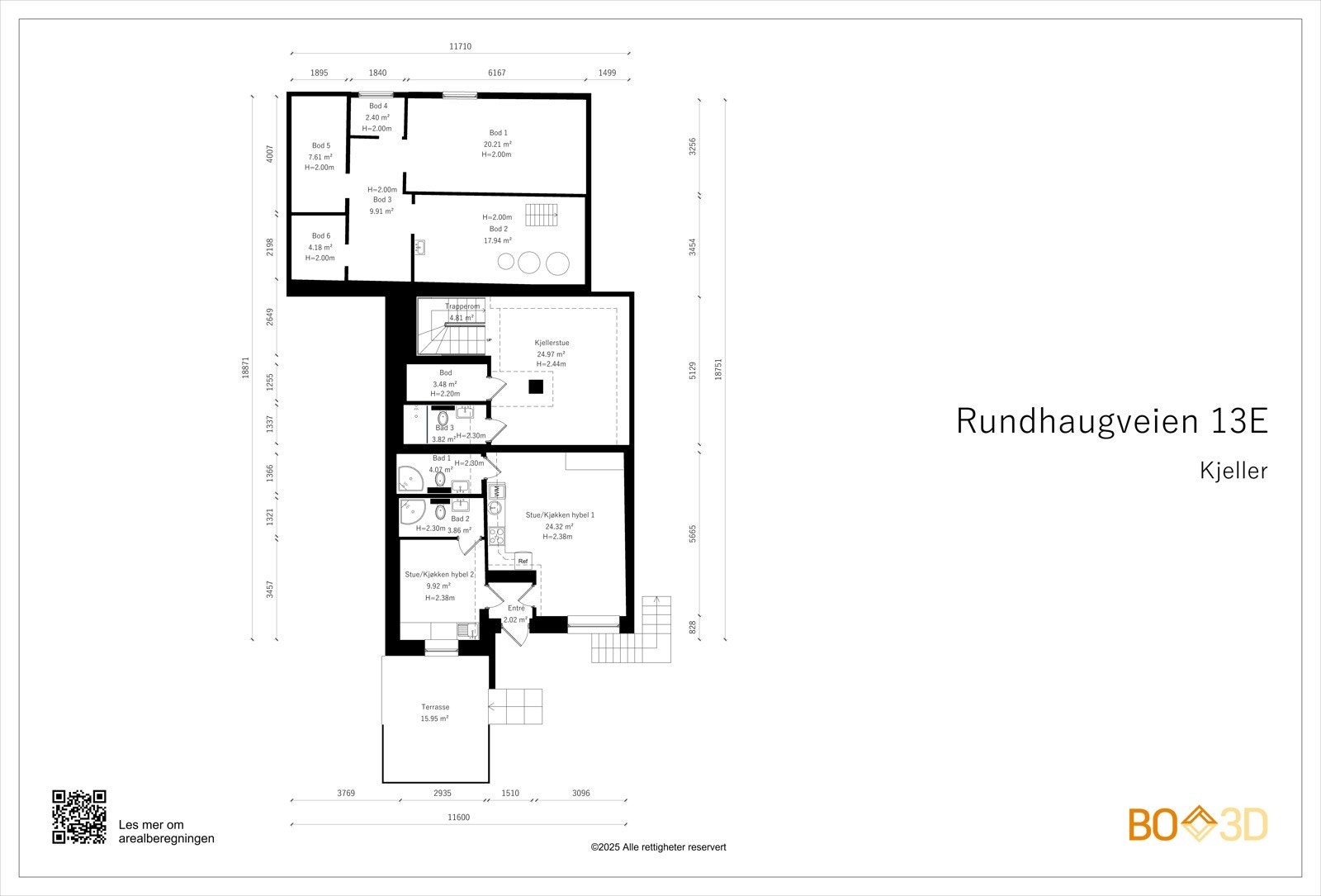 Planskisse. Kjeller (takhøyde 2,38 meter) hoveddel på ca 39 kvm innredet med lager/bod (innredet som kjellerstue uten vindu), bad og bod. Hybeldel med egen inngang (ca 50 kvm) innredet med felles entré og to hybler. Galleribilde