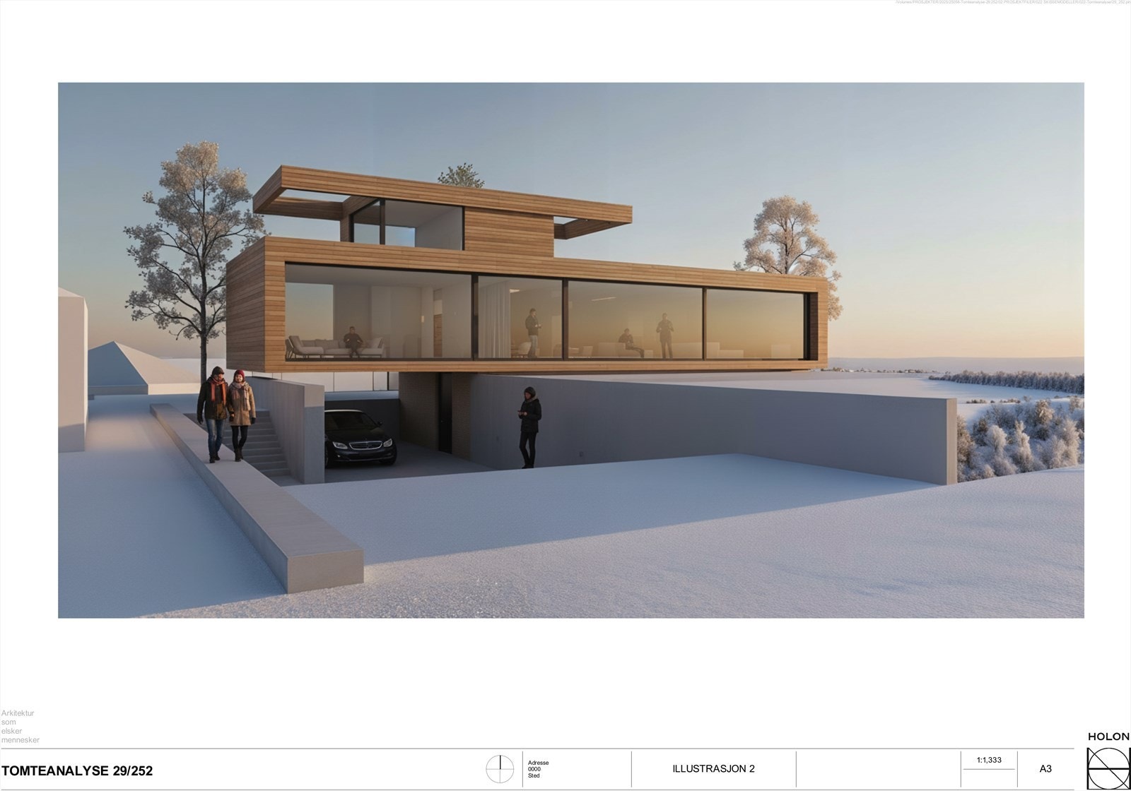 Holon arkitekter har utarbeidet tomteanalyse og forslag til to typer eneboliger med garasje eller carport. Galleribilde