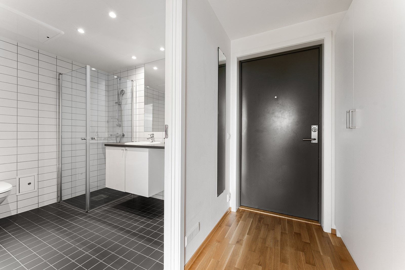 Lys entré med eikeparkett og adkomst til badet og leilighetens oppholdsrom. Galleribilde