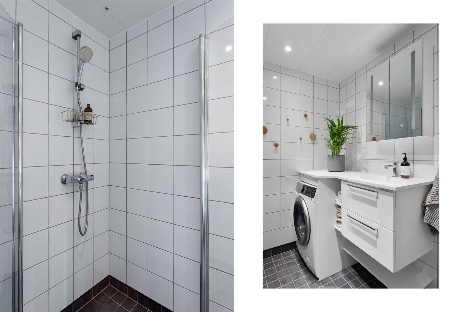 Badet ble oppgradert med ny servantinnredning i 2024 og har speilskap med belysning samt praktisk oppbevaringsplass. Galleribilde