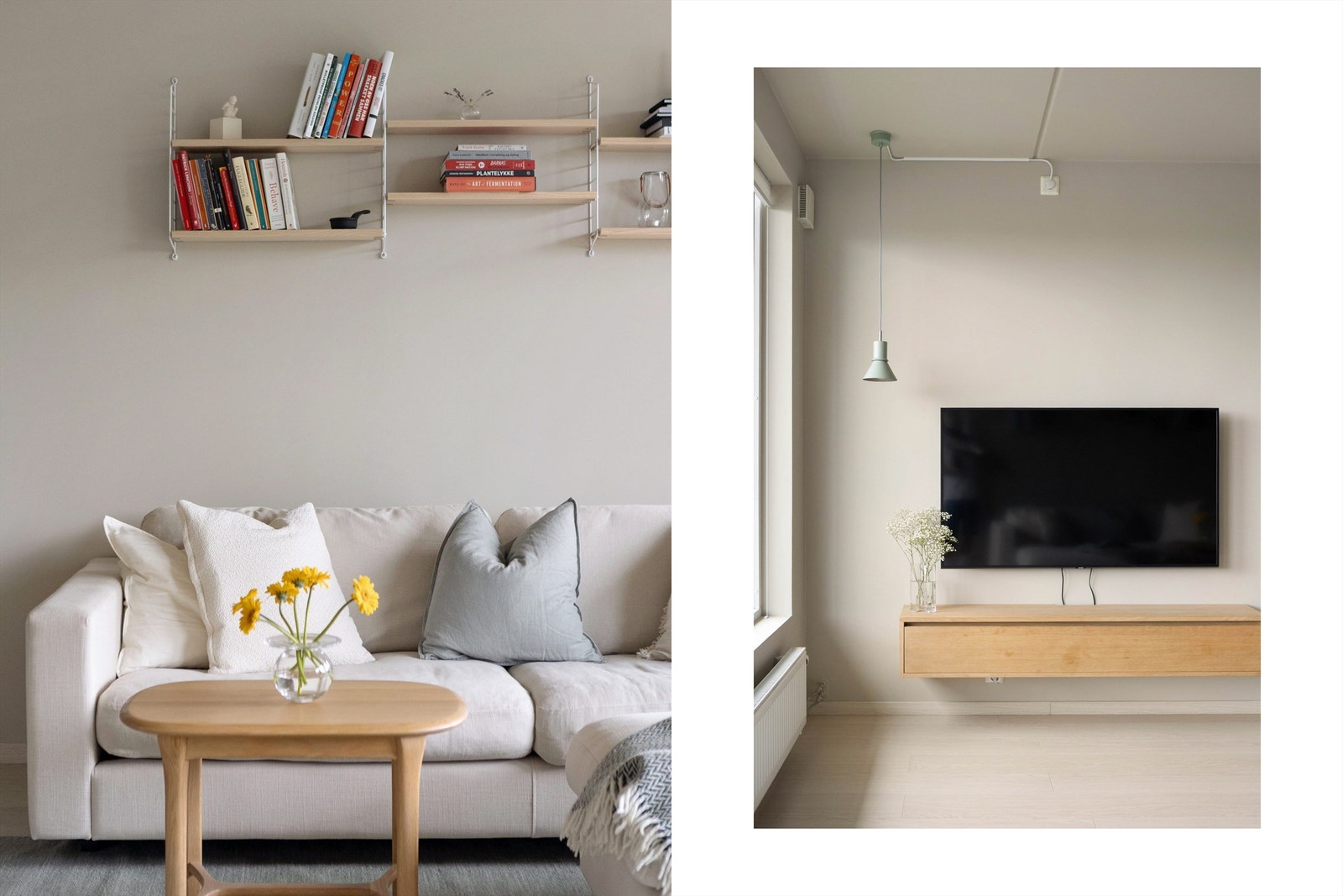 Gjennomgående laminatgulv og malte, glatte flater skaper en helhetlig og rolig atmosfære i oppholdsrommene. Galleribilde
