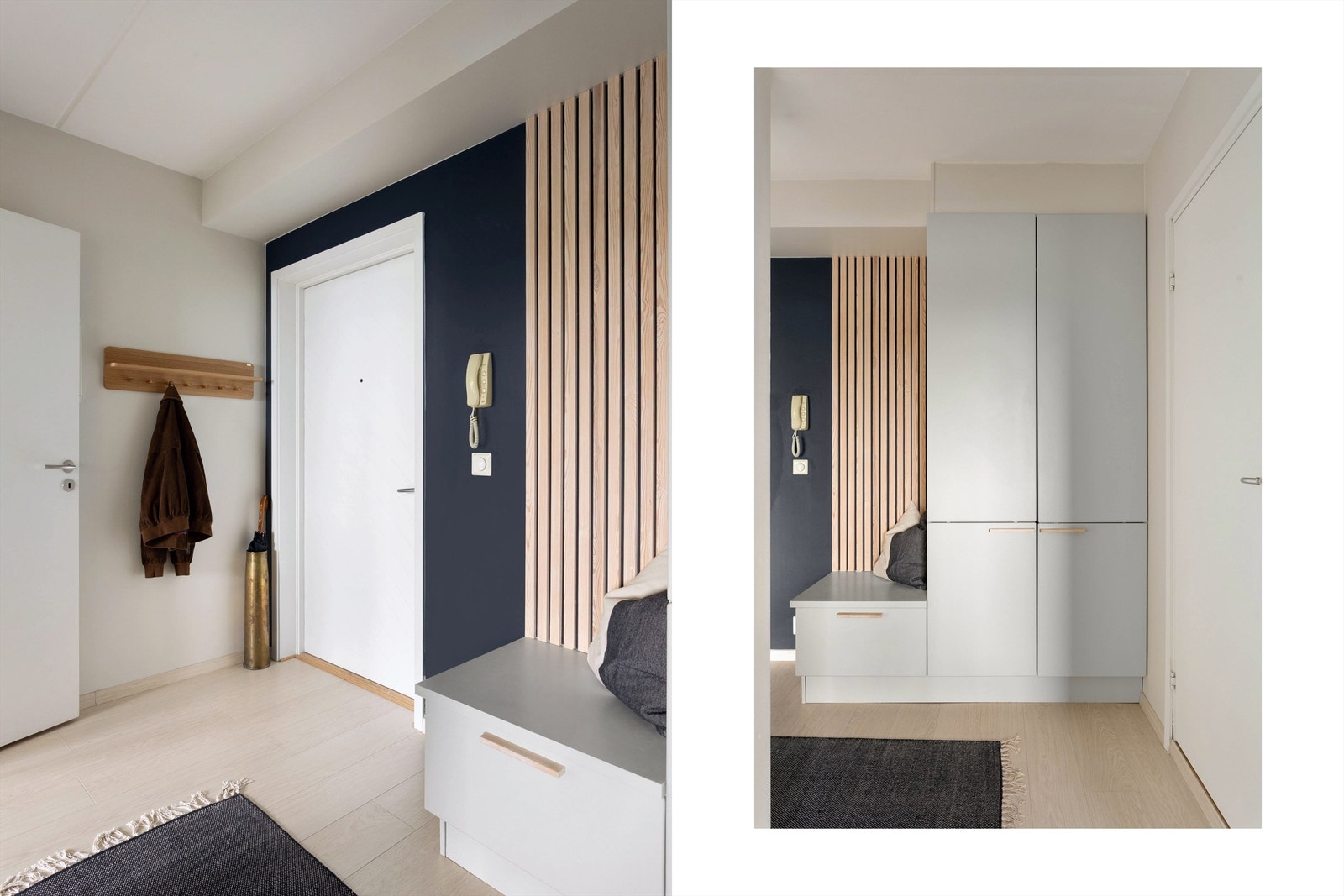 Dekorativ spilevegg og garderobeskap i entréen skaper et stilrent, moderne og innbydende førsteinntrykk. Galleribilde