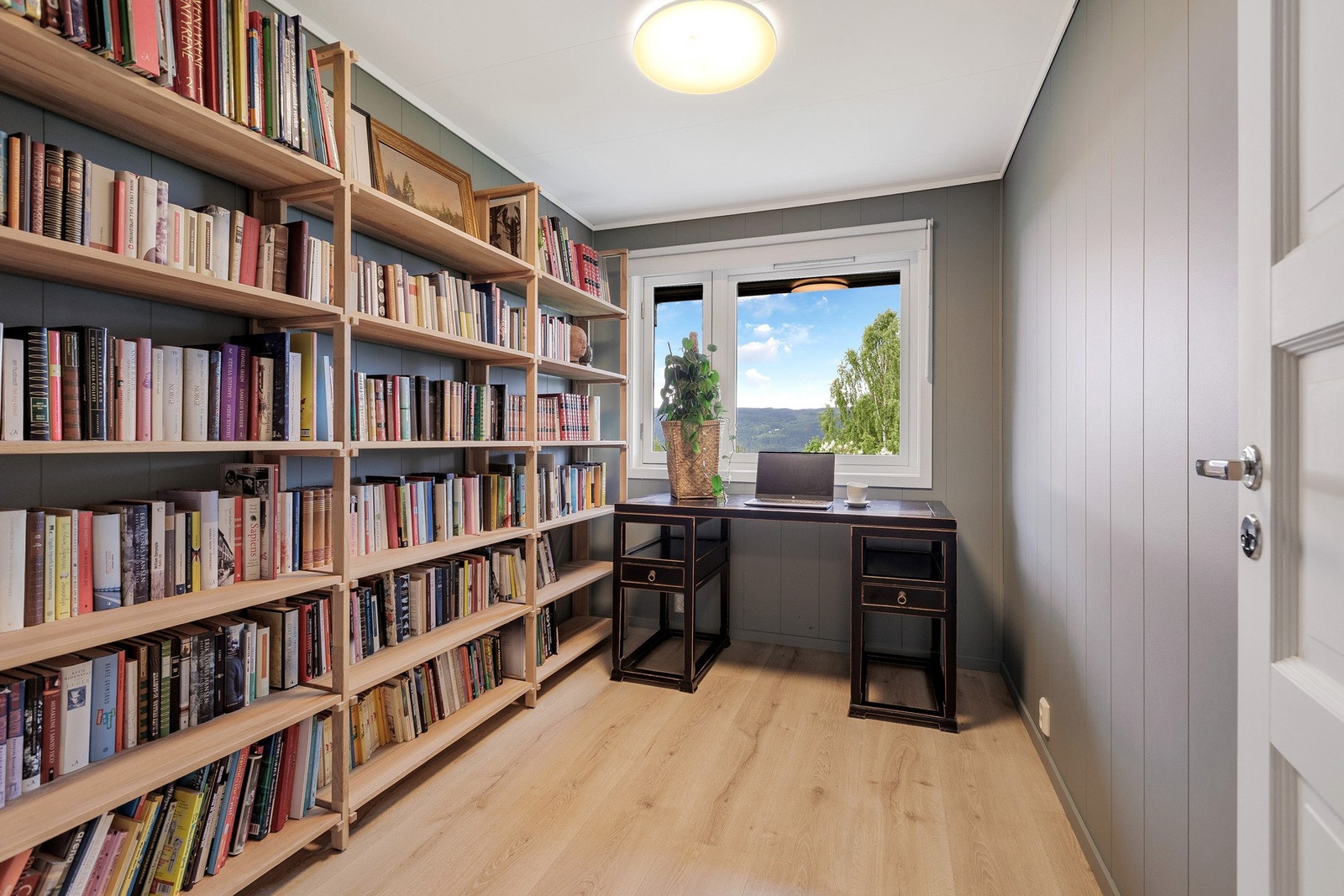 Koselig soverom/hjemmekontor eller bibliotek med plass til arbeidsstasjon og gode oppbevaringsløsninger for bøker og utstyr. Galleribilde