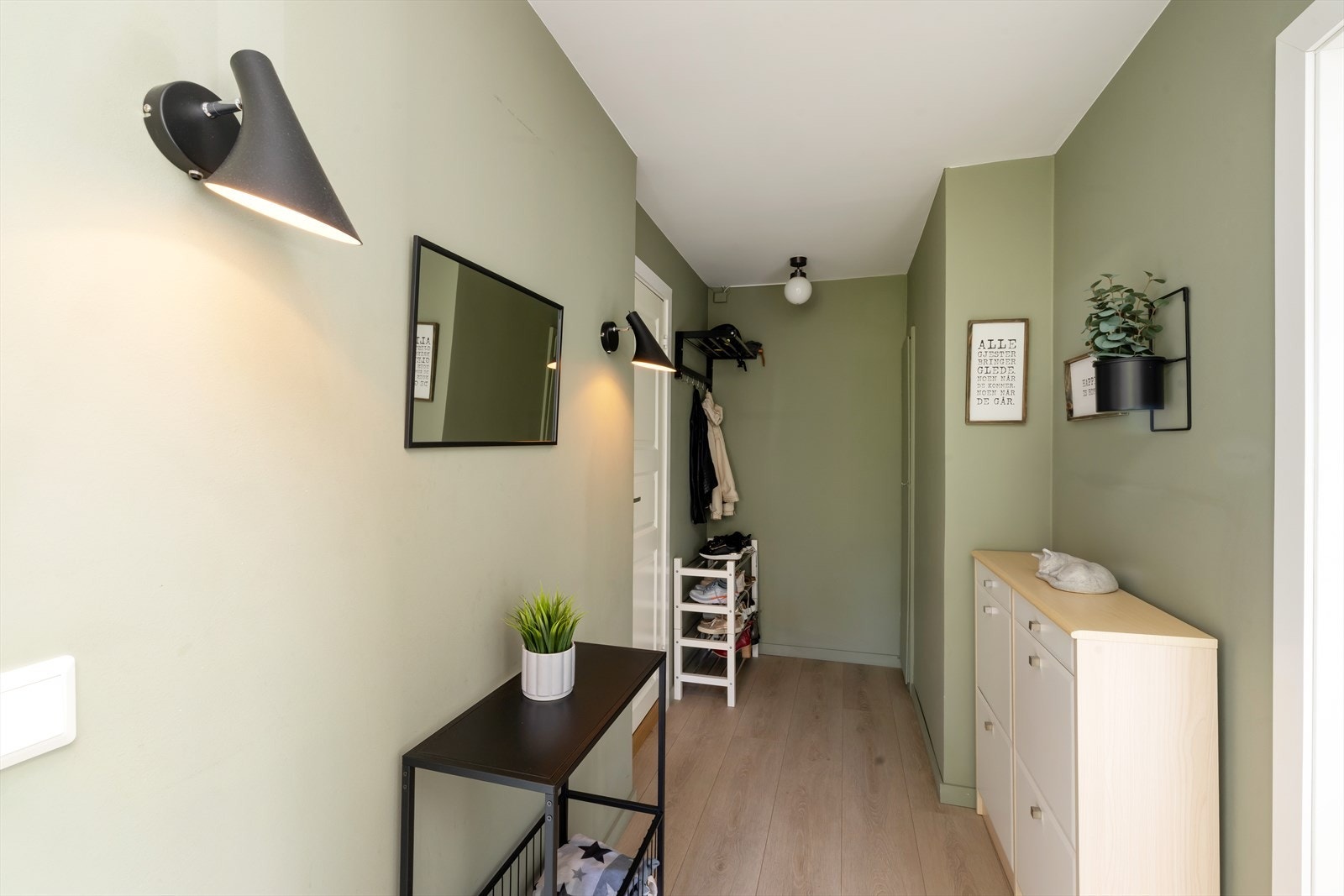 Gang med plass til oppbevaring av sko og ytterklær i integrert skap Galleribilde